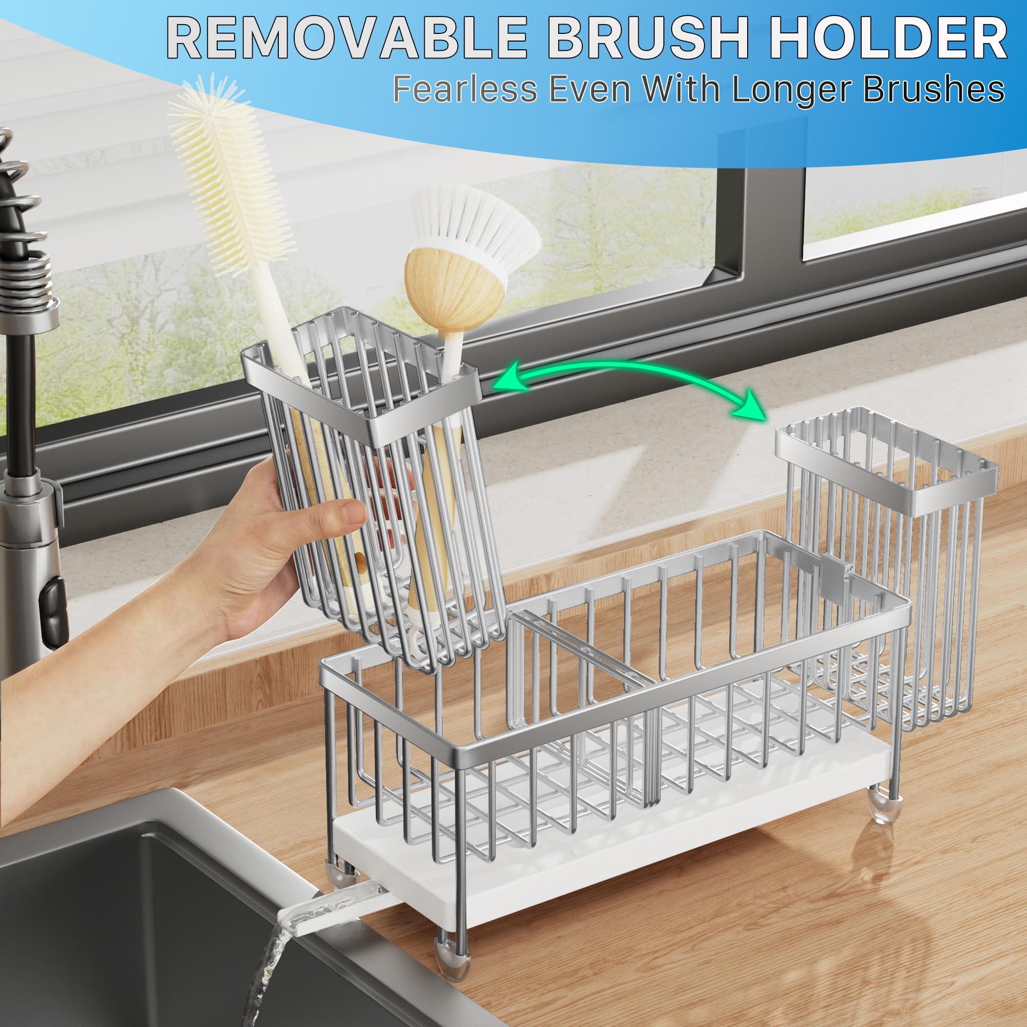 Cisily - Supporto per spugna per lavello da cucina, con porta spazzole rialzato, organizer in acciaio inossidabile antiruggine, per dispenser di sapone, accessori da cucina per l’organizzazione
