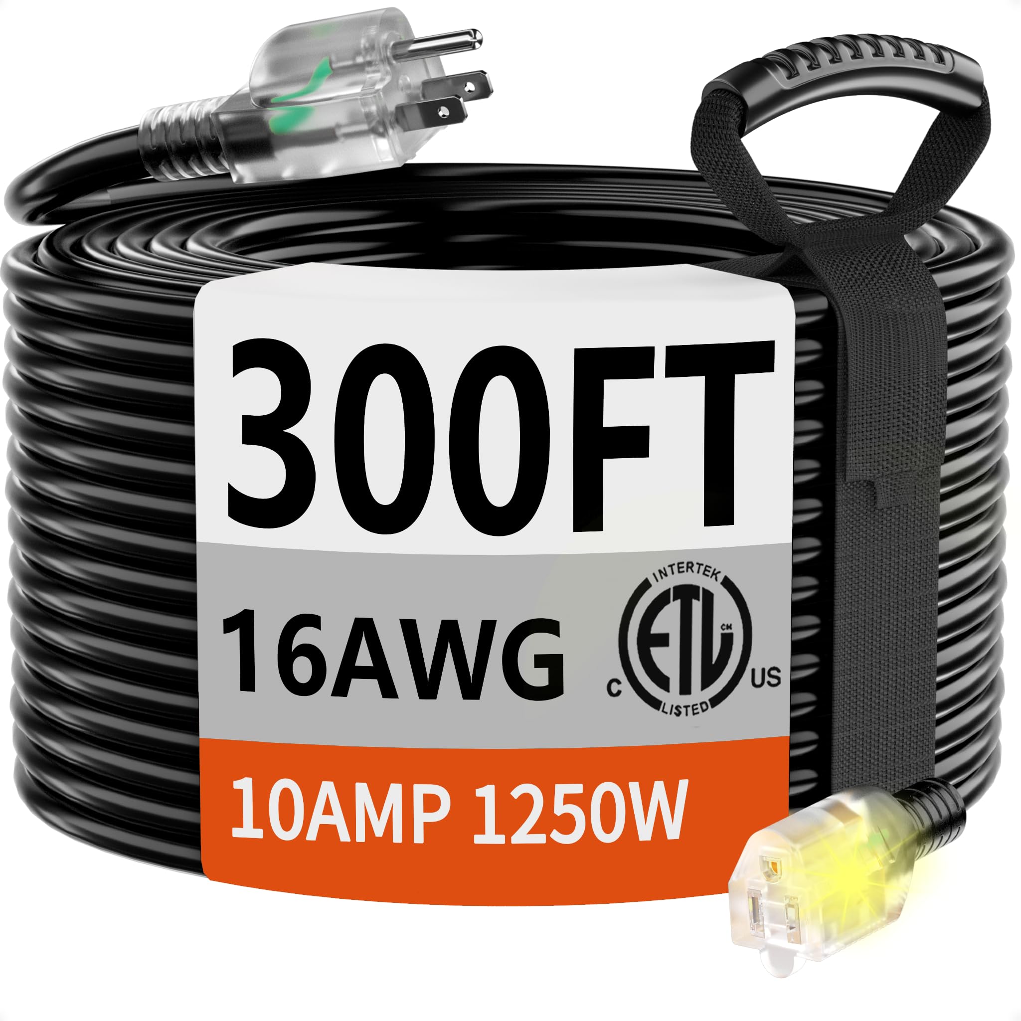 HUANCHAIN 300 FT 16 Gauge Black Indoor Outdoor Extension Cord Waterproof, Flexible Cold Weather 3 Prong Electric Cord Outside, 10A 1250W 125V 16AWG SJTW, ETL Listed