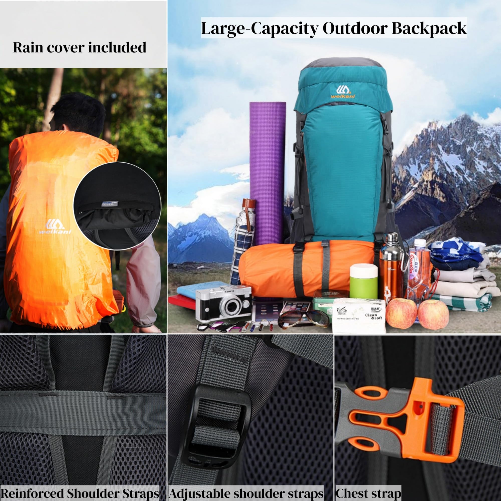 Zaino da trekking da 65 litri, impermeabile, con copertura antipioggia, grande borsa da campeggio, zaino per uomo e donna, zaino leggero per viaggi, sci, ciclismo, arrampicata, alpinismo