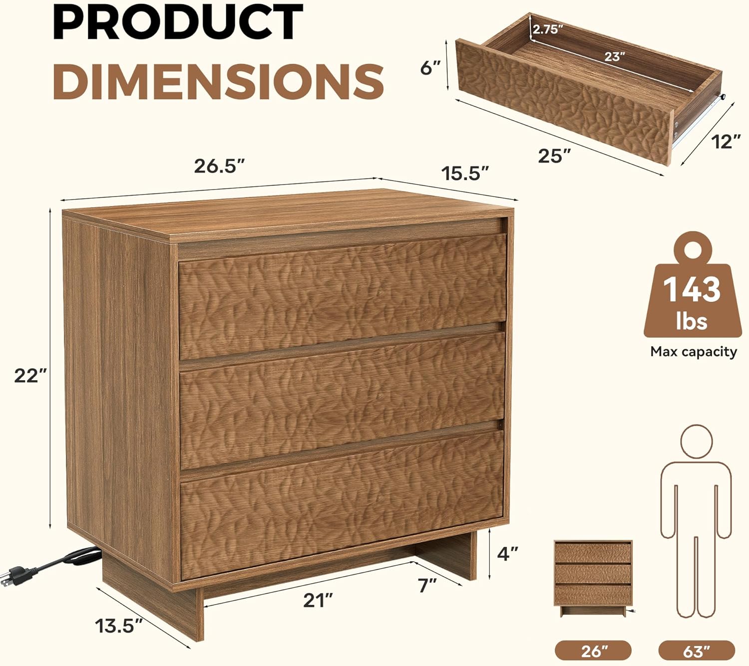 Miereirl Night Stand with 3 Drawers, Modern Nightstand with Large Storage, Silent Slides Charging Station Bedside Table, Walnut Oak