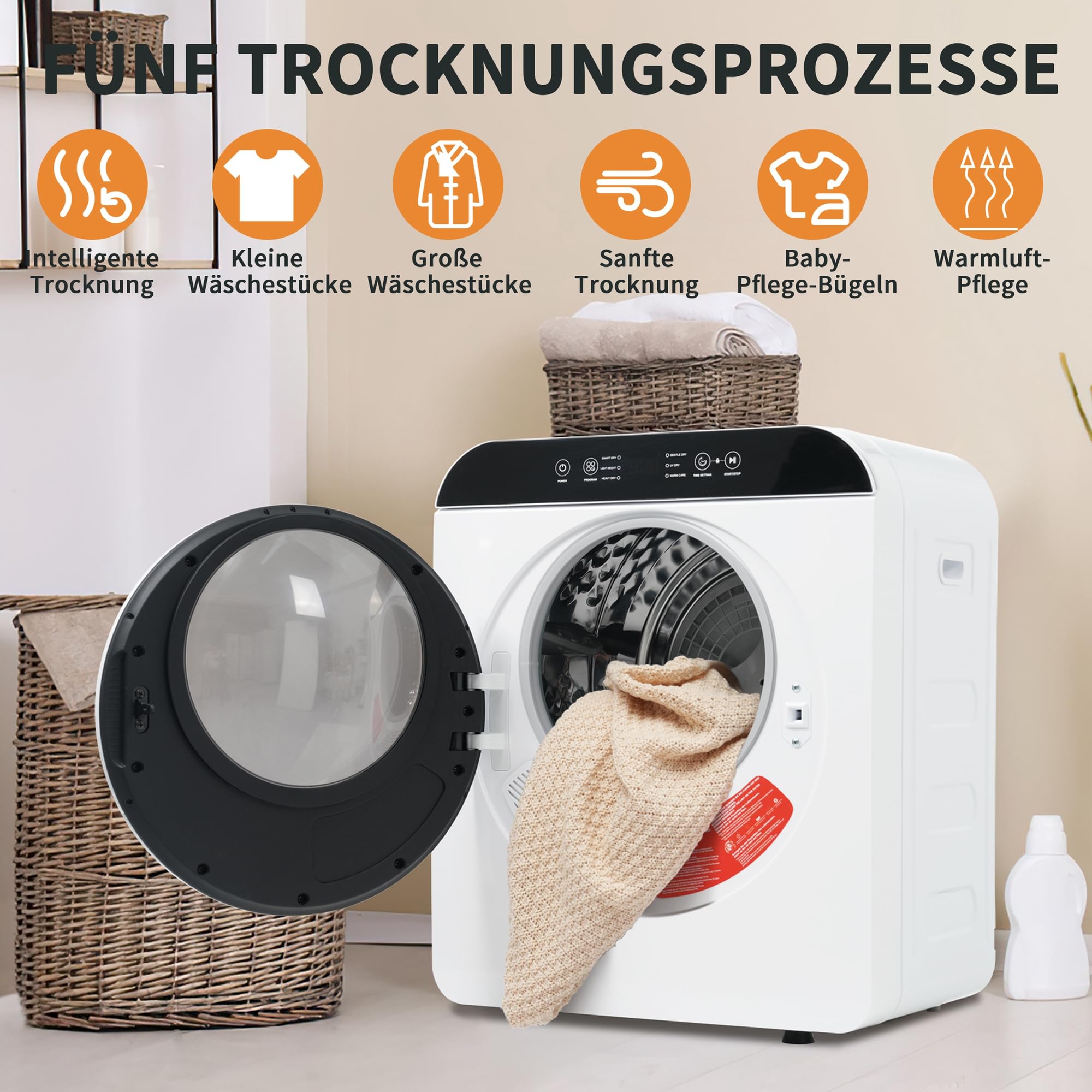 Merax Mini Wäschetrockner 3 kg (bis 4,5 kg) – Abgastrockner mit 6 Programmen, UV- & Hochtemperatur-Sterilisation, Timer 10–180 Min, Kindersicherung, Überhitzungsschutz, Wandmontage, 830 W