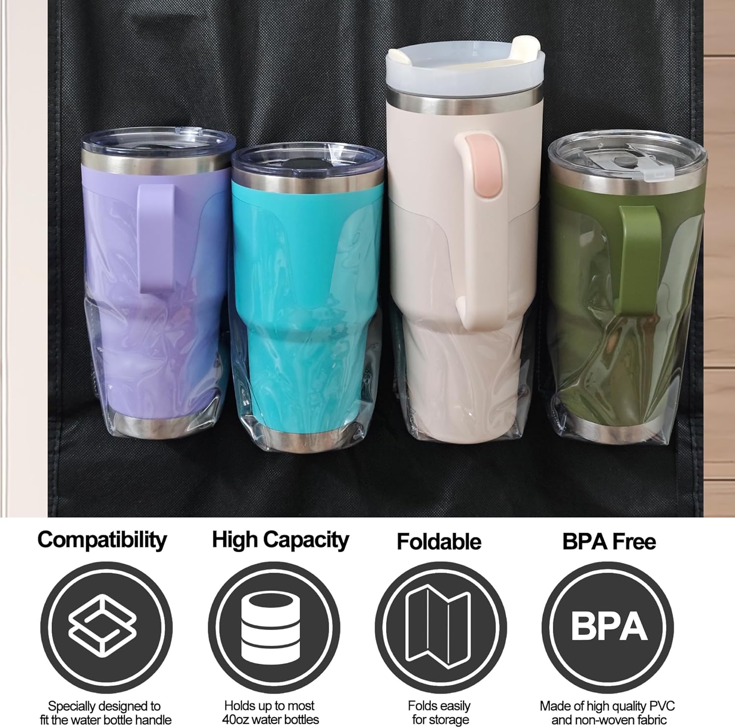 Water Bottle Holder for Stanley Cup, 12 Pockets Large Capacity Water Bottle Organizer for Stanley 40oz Tumbler, Portable Foldable Hanging Bag for Door Kitchen Cabinet Pantry Bedroom - Image 3