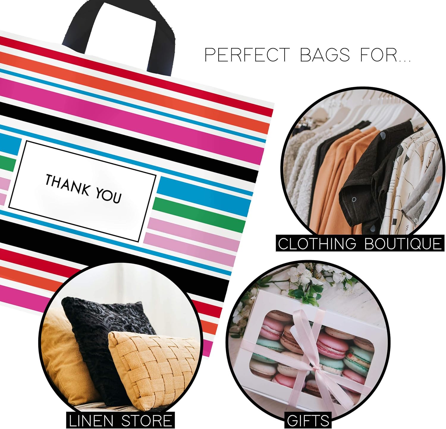 Purple Q Crafts Thank You Bags for Business Striped Plastic Bags 15" W x12 H 50 Pack Shopping Bags for Boutique with Soft Loop Handle (12"x15") - Image 3