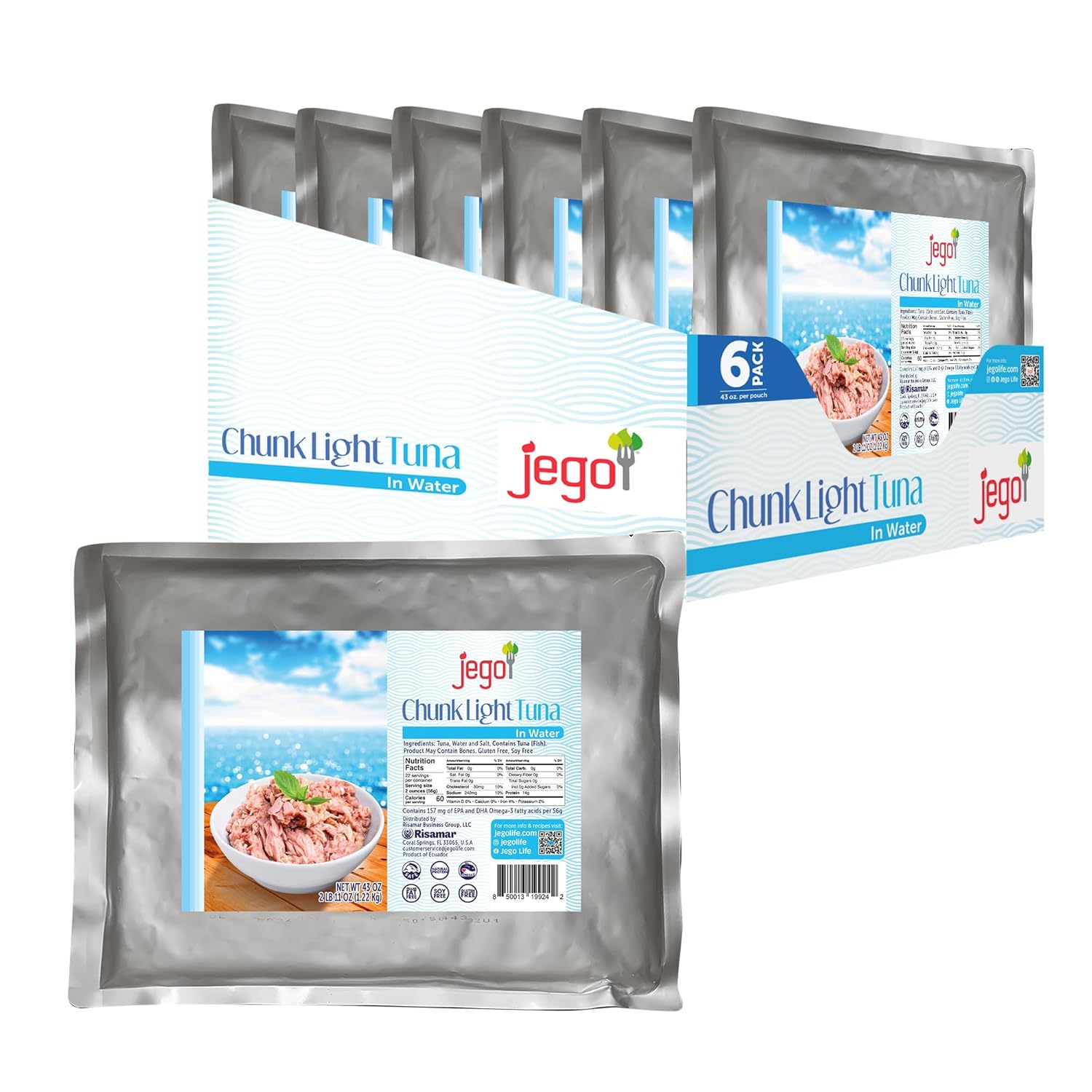 Jego Chunk Light Tuna in Water | Wild Natural Catch Tuna | Keto | Low Carb | Gluten Free | Soy Free | Ready to eat | Pack of 6 | 43 oz Pouch Bulk (Pack of 6 pouches, 258 oz total)