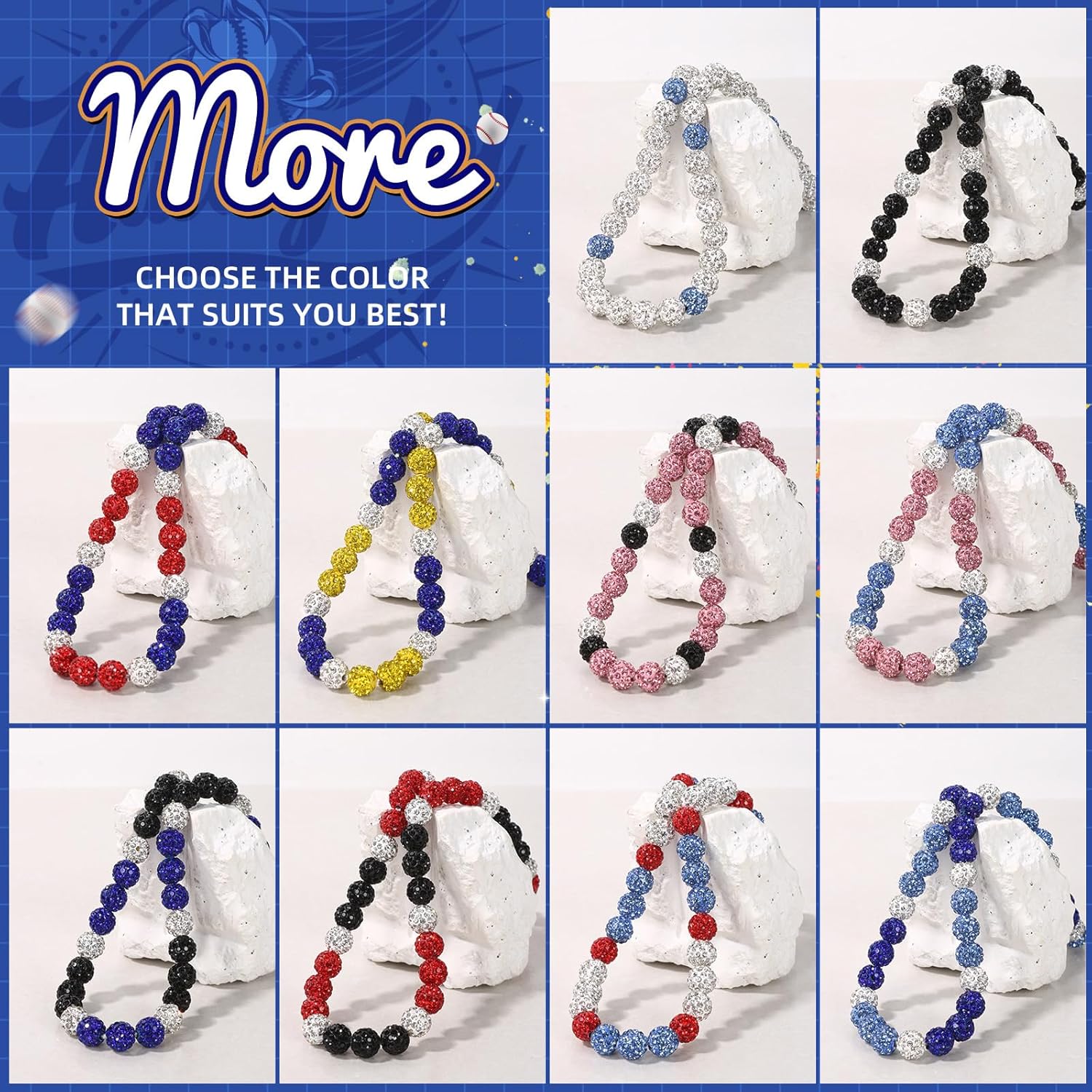 150pcs 10mm Rhinestone Beads for Jewelry Making,Full of Diamonds Round Disco Bead Bulk,Clay Bead for Crafting,Rhinestone Clay Beads for DIY Baseball Necklace Bracelet (White, 10mm/100pcs) - Image 7