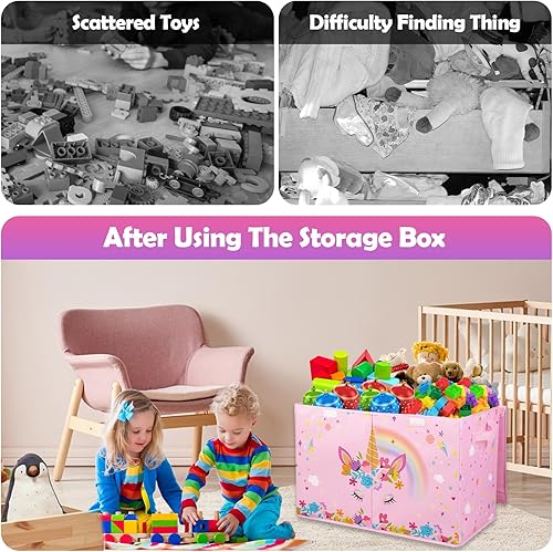 Miniatura 4 de Mabahoo Caja de juguetes extragrande, organizador de almacenamiento de juguetes plegable, cofre de juguetes con bonito patrón para niños pequeños,