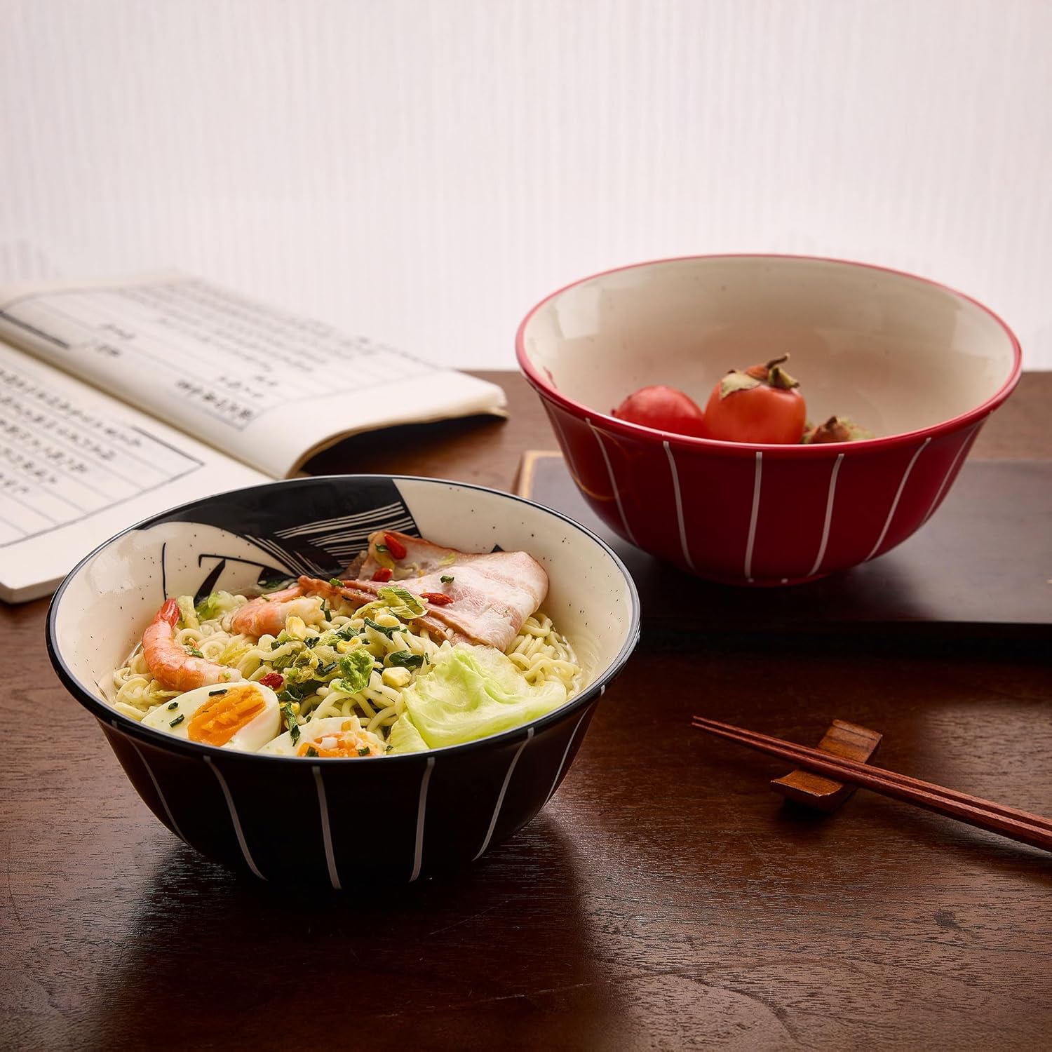 Ramen Bowl Set 45oz, 8inch, Japanese Ukiyo-e Design - Perfect for Ramen, Pho, and Noodles-Durable Ceramic Bowls, Microwave & Dishwasher Safe-Ramen Noodle Bowl Set (Samurai & Geisha)