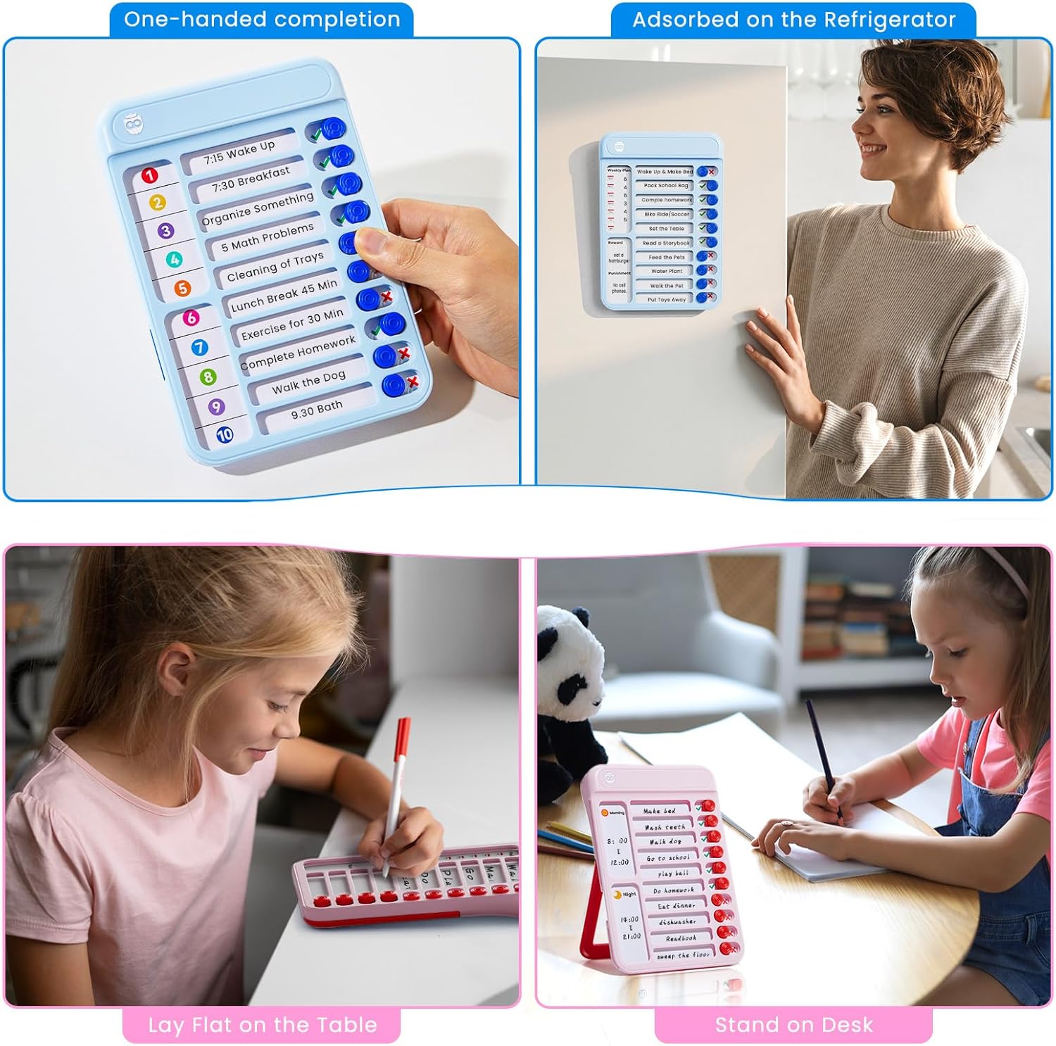 Magnetic Chore Chart for Kids, ADHD Tools to Do List Check List Chart Board Routine Chart, Visual Schedule for Fridge, Home with 10 Sliders and Magnetic Marker - (Blue+Pink)