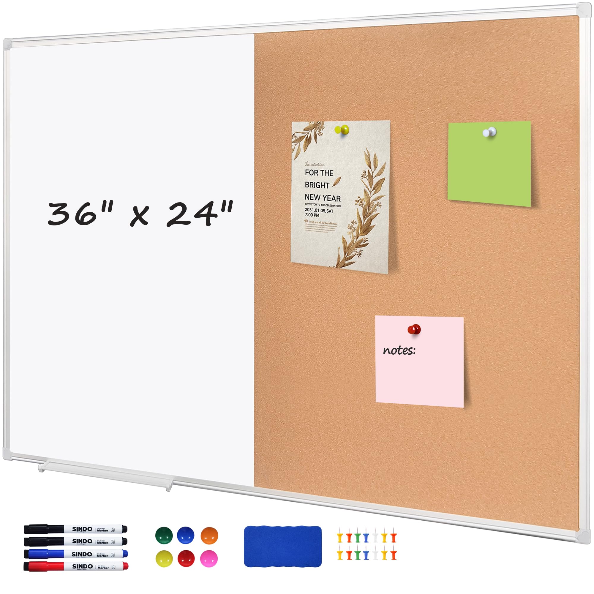 Cork Bulletin Board, 36 X 24 Inches White Magnetic Dry Erase Board, Large Wall Mounted Message Vision Notice Memo Pin Board for Office, Home and