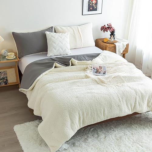 Miniatura 8 de Juego de edredón de sherpa ultrasuave y cálido, ligero pero cálido, mullido de algodón lavado, edredón reversible alternativo y funda de almohada
