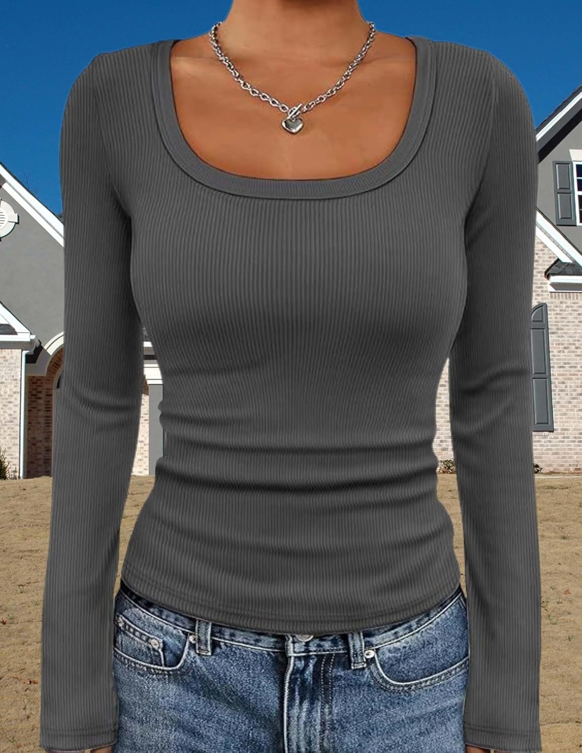 LIZALIG Womens Shirts Long Sleeve Crop Tops Fall Fashion Square Neck Going Out Basics Tees Y2k Clothes - Image 2