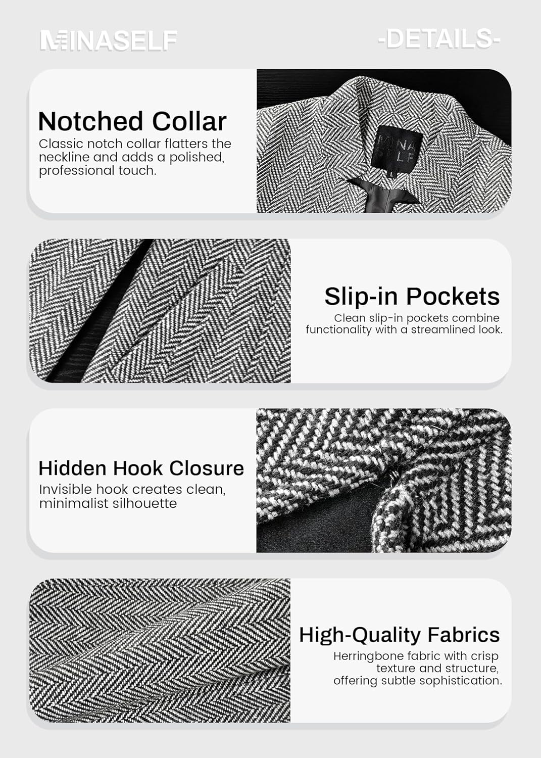 Mina Self 2026 Spring Women's Herringbone Tweed Blazer Jacket - Long Fully Lined Open Front Work Office Coat with Pockets - Image 6