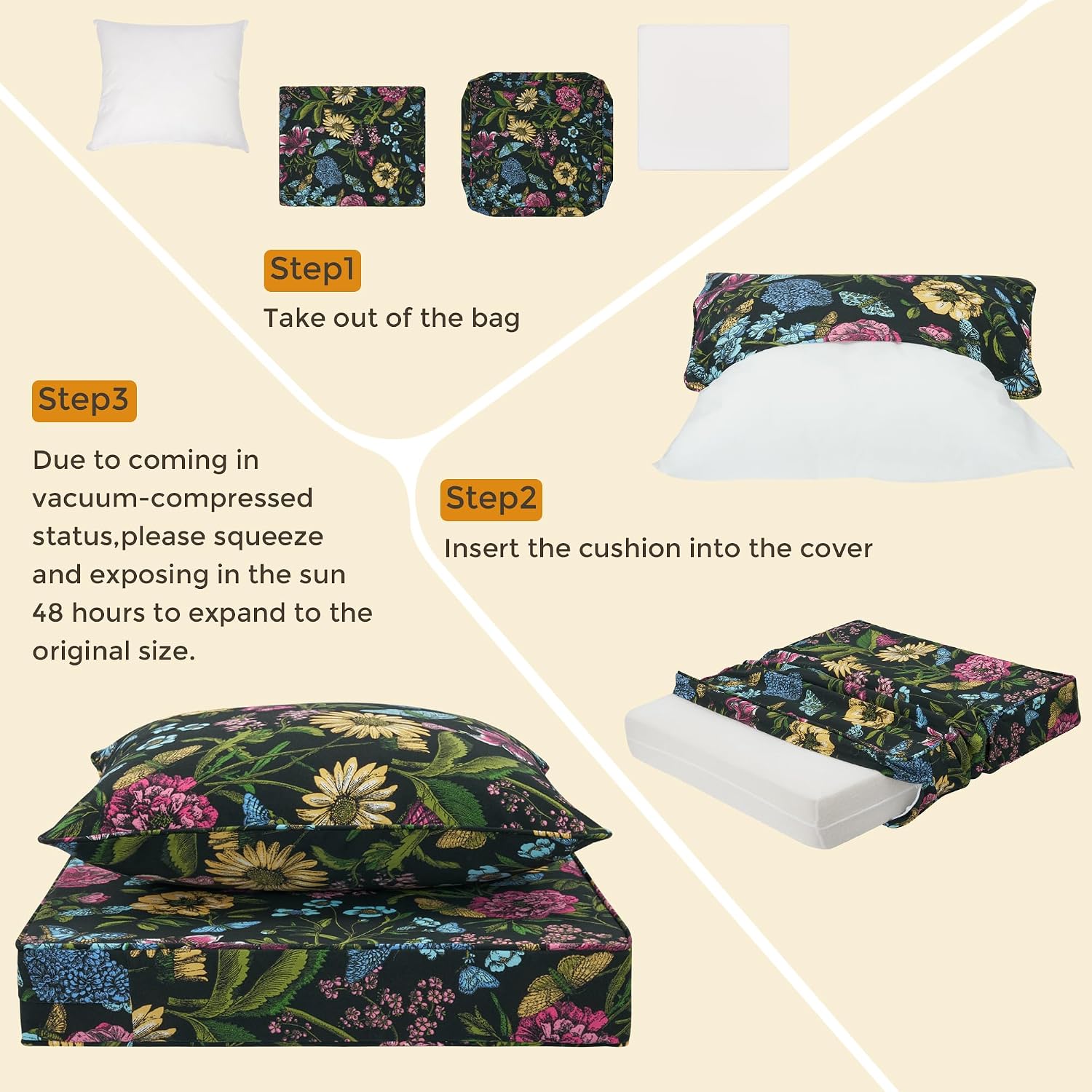 FUNHOME Outdoor Deep Seat Cushion Set 24"x 24"x 4",Water&Fade Resistant,Patio Furniture Cushion with Removable Cover,24 Inch Seat Pads Back Cushion for Outside Chair Sofa Couch（Flower Butterfly Black