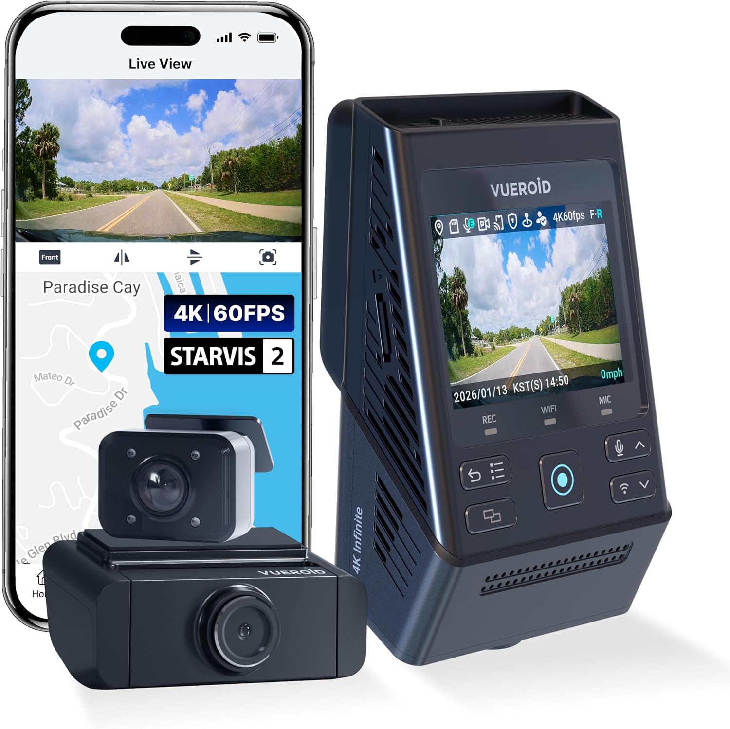 S1 4K Infinite Dash Cam Front Inside and Rear, 3 Channel 4K+2.5K Dash Camera, Sony STARVIS 2, HDR, Night Vision, AI, 24/7 Parking Mode, 5GHz Wi-Fi, GPS, CPL Filter & Hardwire Cable Included