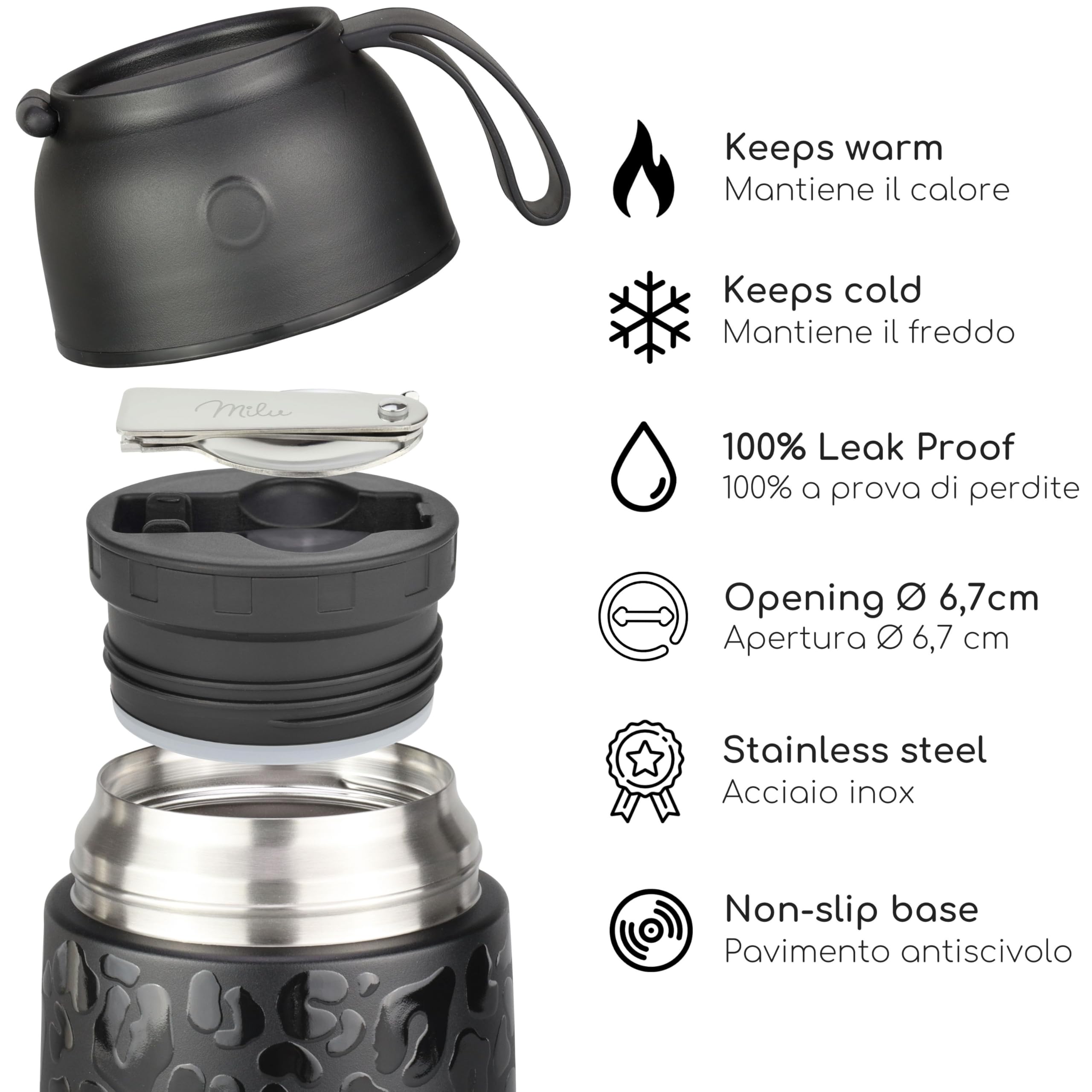 Milu Thermo per Alimenti 800 ml Contenitore Termico di Acciaio Inossidabile, Isotermico Sottovuoto per Cibi Caldi e Freddi (Black Leopard, 800ml)