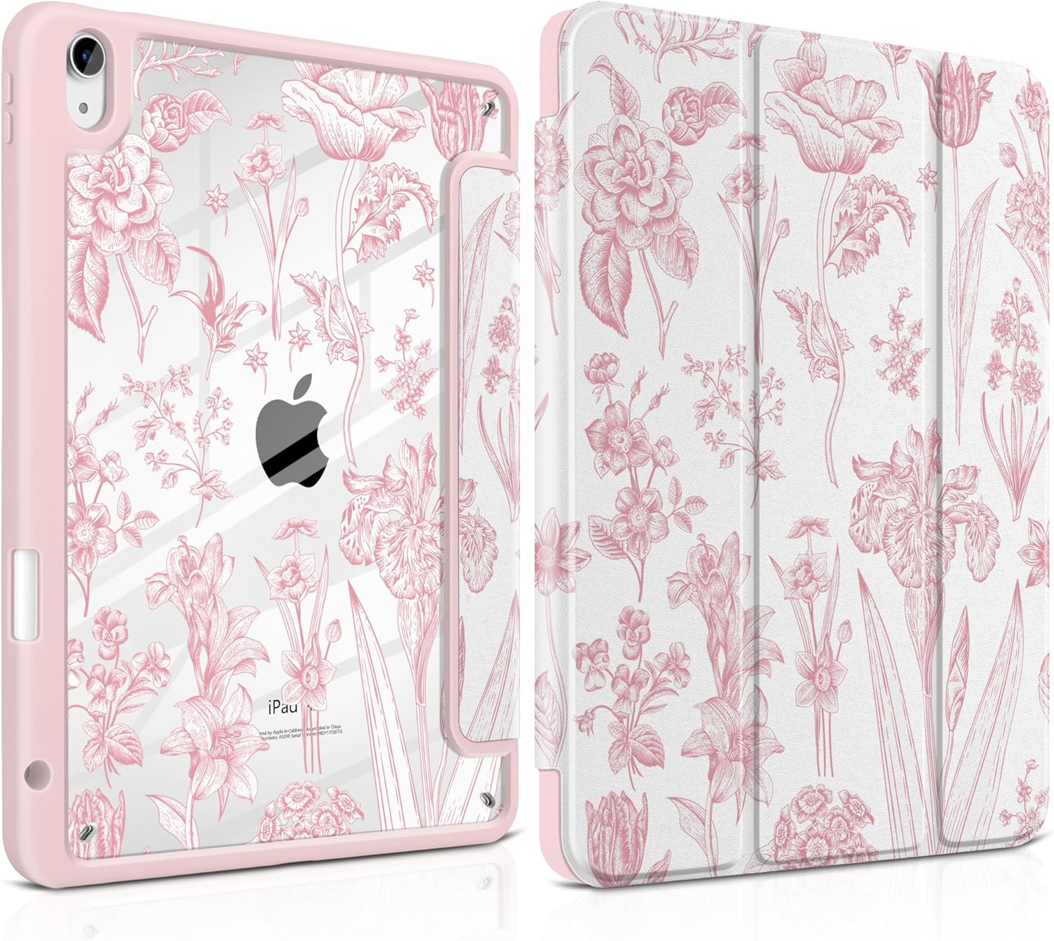 DONGKE Case for iPad Air 11-inch M4 2026 & M3 2025 & M2 2024, iPad Air 5th/4th Generation 10.9" 2022/2020, [Built-in Pencil Holder] Clear Acrylic Back Trifold Stand Smart Cover, Pink Florals