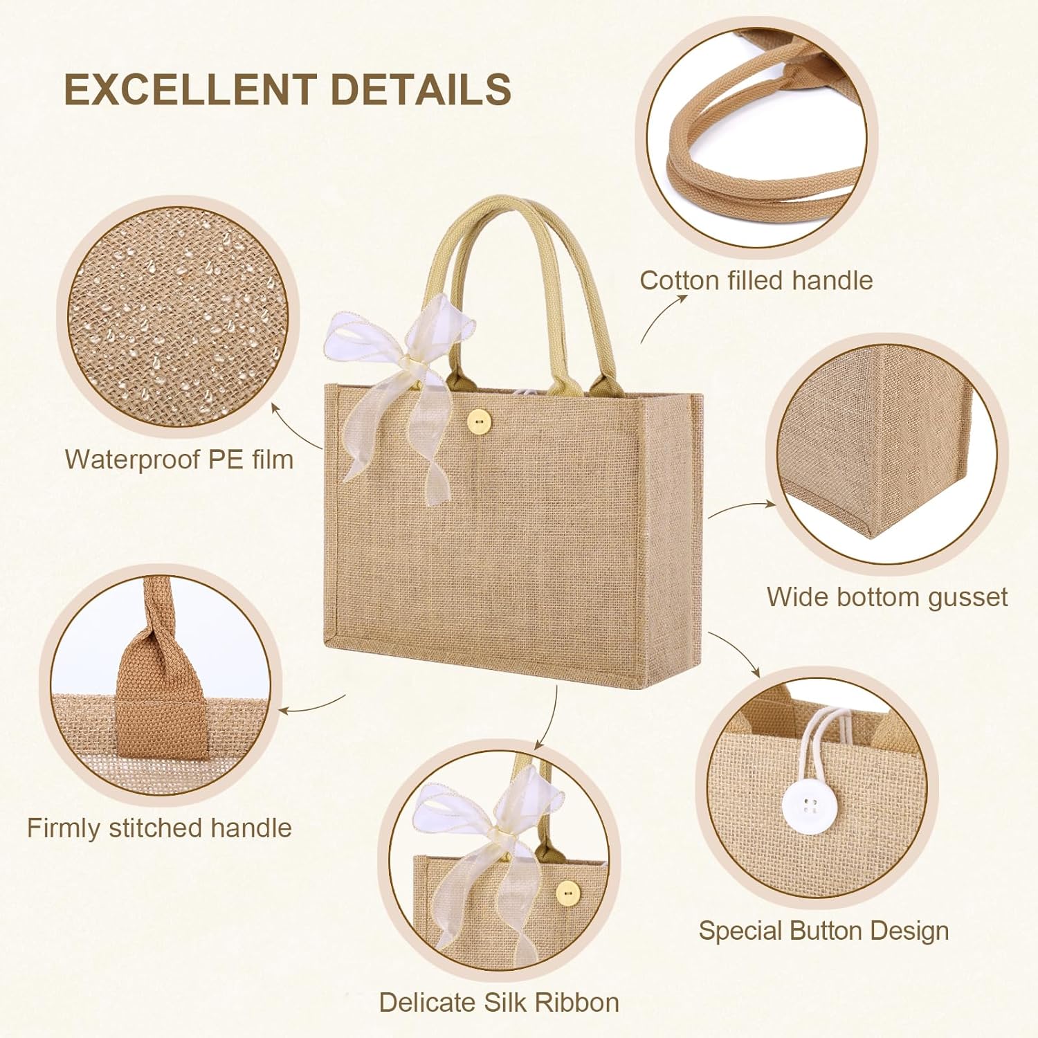 10pcs Burlap Tote Bag Set with Handles, Reusable Grocery Bags with Ribbon 13 x 9.5 x 4.7 Inch Waterproof Natural Jute Tote for Women Bridesmaid Gift Beach Shopping Wedding Travel DIY Embroidery - Image 4