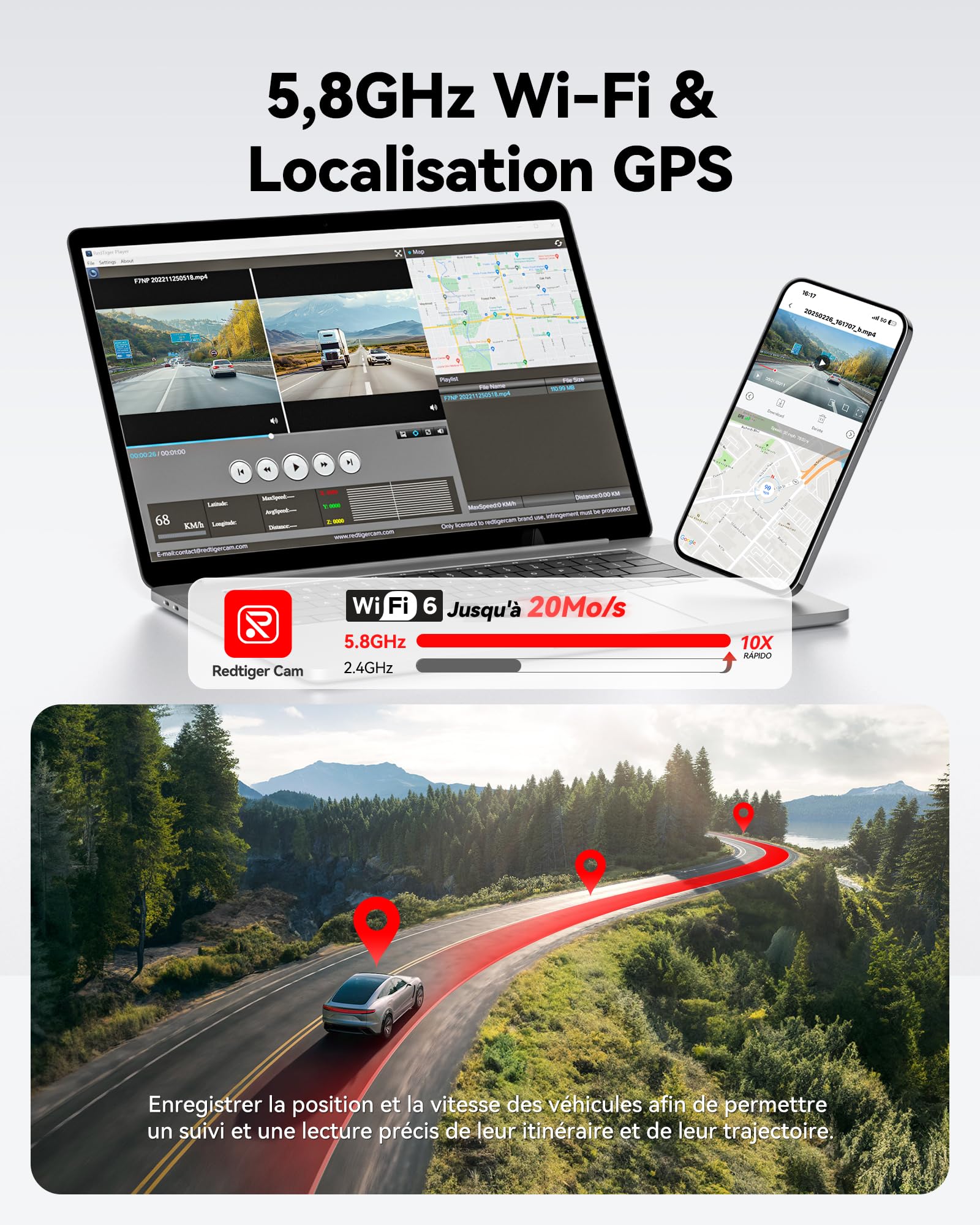 REDTIGER 4K Dashcam Voiture,STARVIS 2,Écran IPS 3,18 Pouces,Carte 128 Go Incluse, WiFi 5,8 GHz,GPS,Vision Nocturne,Grand Angle 170° WDR,Moniteur de Stationnement,Prend en Charge Jusqu'à 256 Go (F7NP)