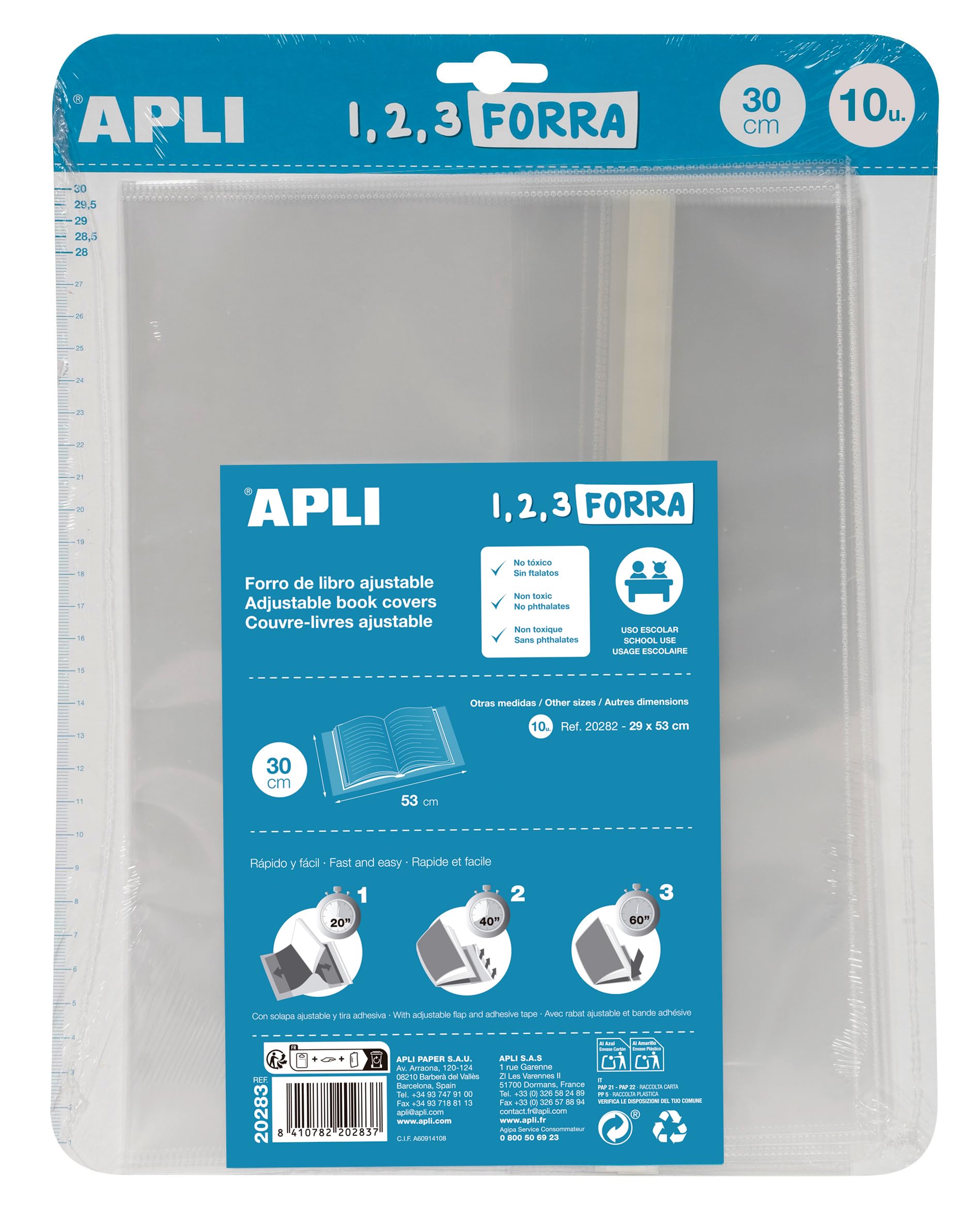 APLI 20283 - Pack 10 Forros Ajustables PP 30 x 53 cm 75 µ | Solapa ajustable, Polipropileno transparente, Forro escolar, Protección de libros