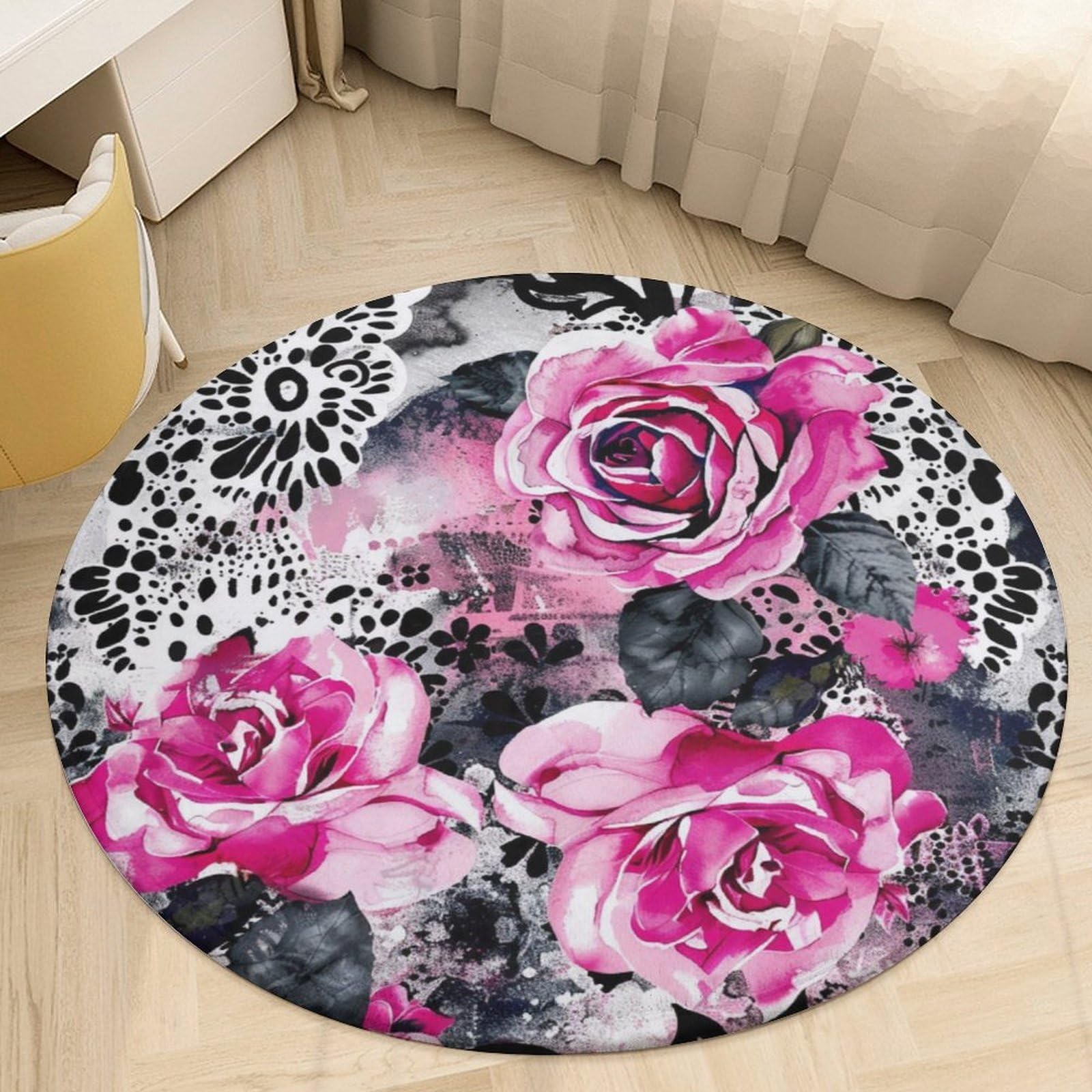 Tapis rond léopard roses tapis salle de bain salon velours 90x90 cm