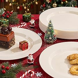 I00000 100 Pcs Ivory Plastic Plates,10inch Cream Dinner Plate, Elegant Disposable Plates Perfect for Christmas Party,Wedding, Baby & Bridal Shower (100 Guests)