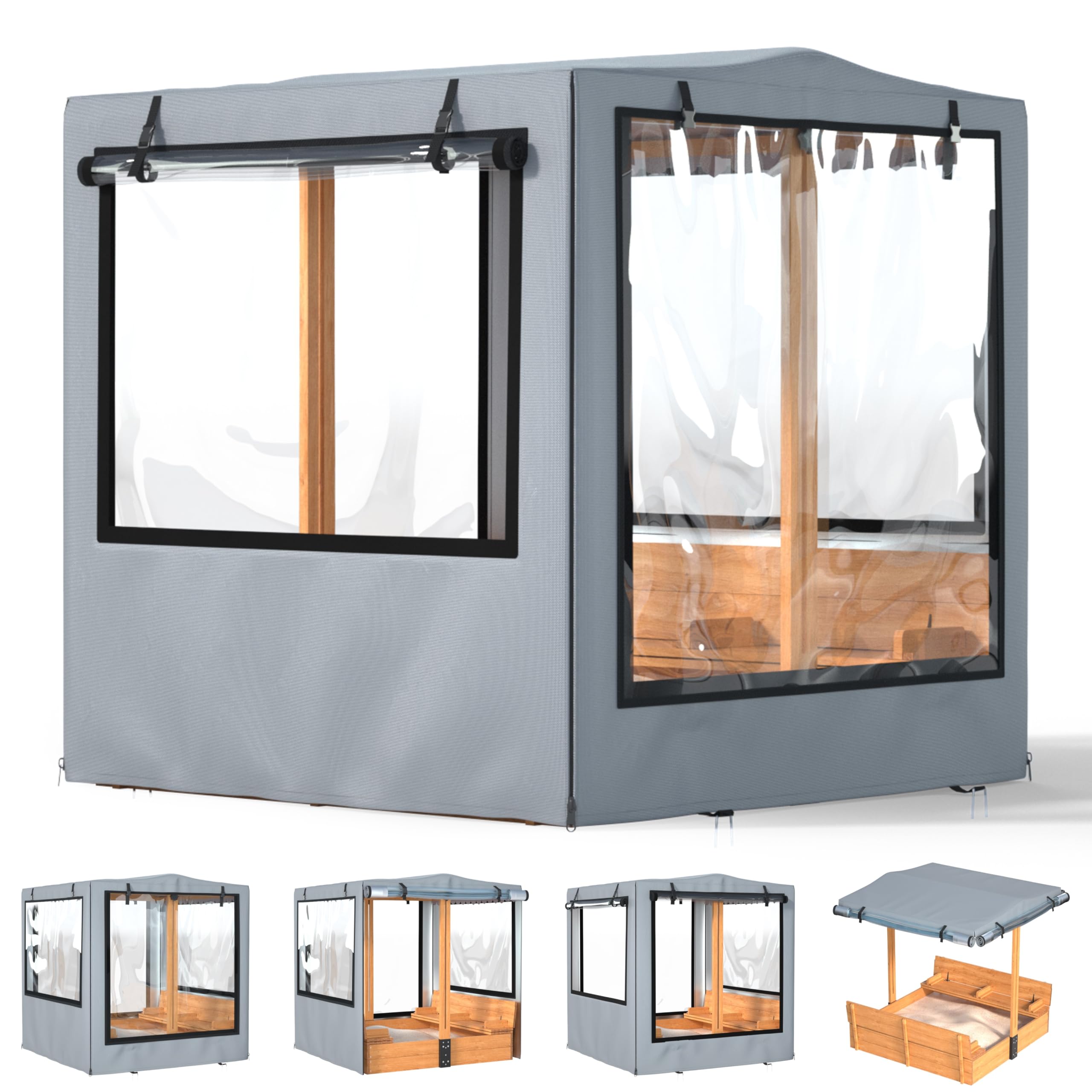 Sandbox Cover, 48”x48”x52”, Kid Sand Box Covers, Waterproof, UV Resistant, with Rollable Transparent Windows, Ideal for Backyard Wooden Sandbox, Windproof,Dustproof & Pet-Proof, Grey, Only Cover