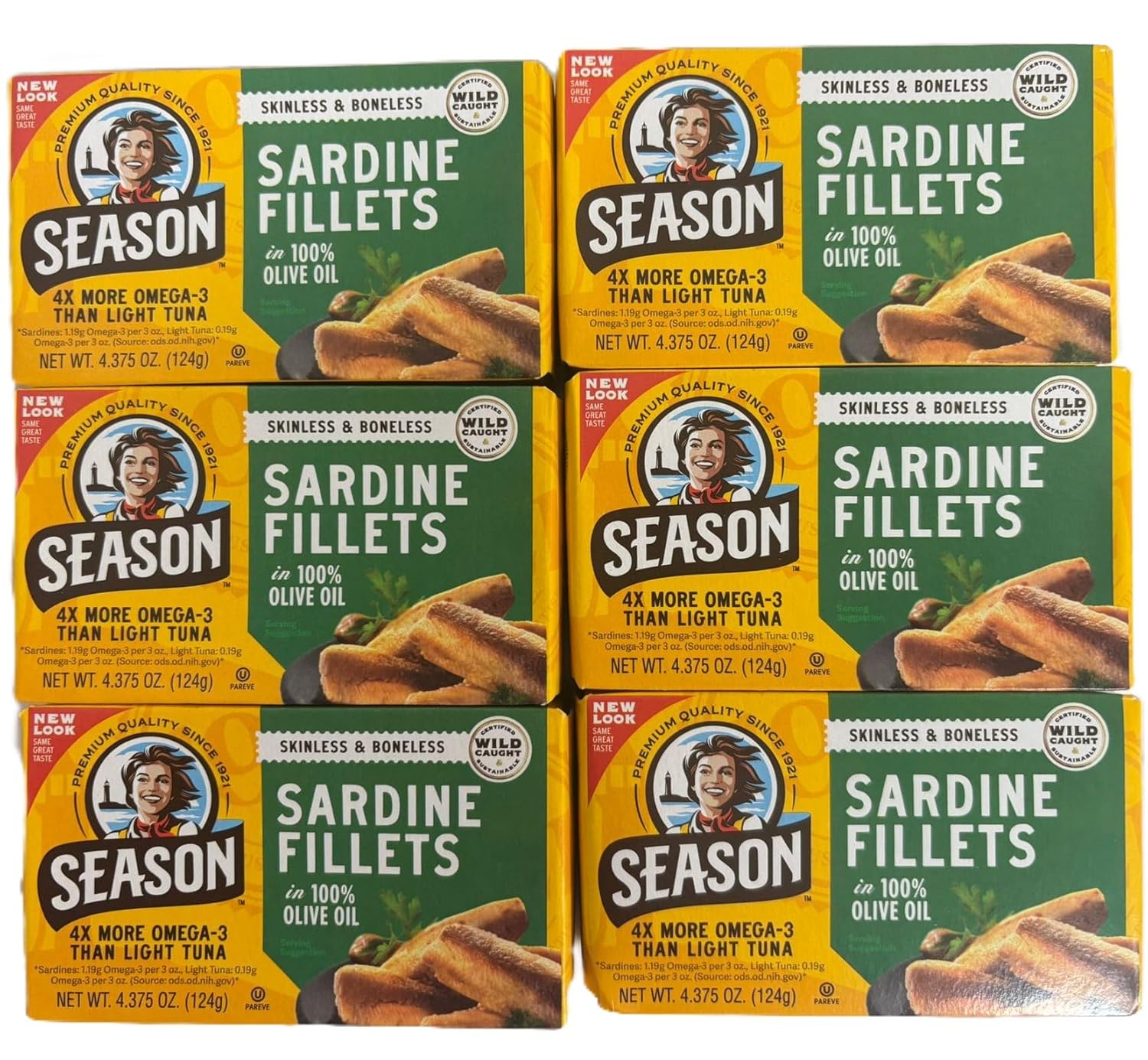 Season Sardines in 100% Olive Oil – Skinless & Boneless, Wild Caught, 22g of Protein, Keto Snacks, More Omega 3's Than Tuna, Kosher, High in Calcium, Canned Sardines – 4.37 Oz Tins, 6-Pack
