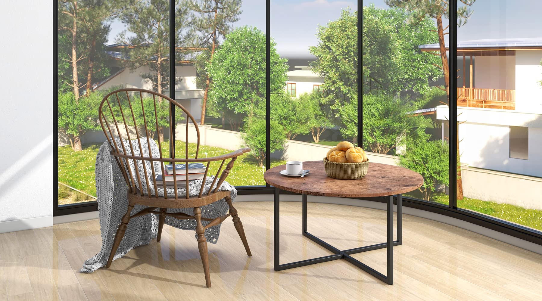 HOJINLINERO Mesa de centro redonda industrial, mesa de té y café, mesa auxiliar de madera con patas de metal