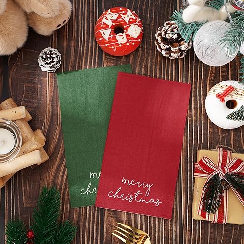 Miniatura 3 de Whaline Servilletas de papel para invitados de Navidad, color rojo y verde, servilletas de papel desechables para invitados de Navidad, suministros