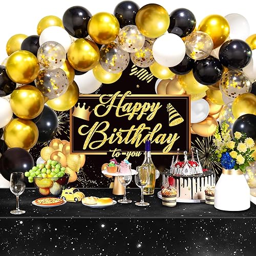 Miniatura 9 de INPHER Juego de 55 guirnaldas de decoración de cumpleaños en negro y dorado para decoración de fiesta de feliz cumpleaños para niños hombres y