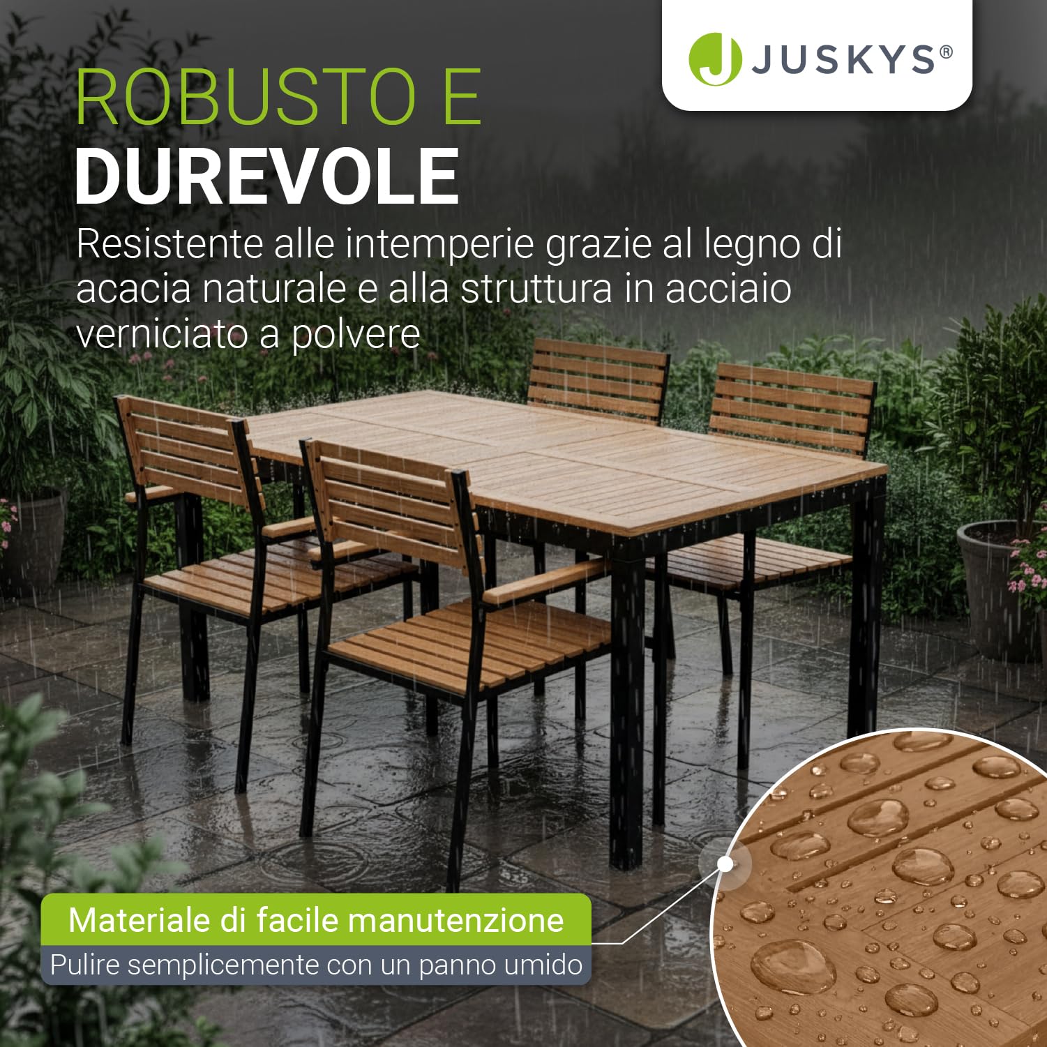 Juskys set di mobili da giardino Rhodos con legno di acacia - Tavolino, 4 sedie e cuscini - Set da cinque pezzi per terrazzo e ambienti esterni - Legno naturale e nero