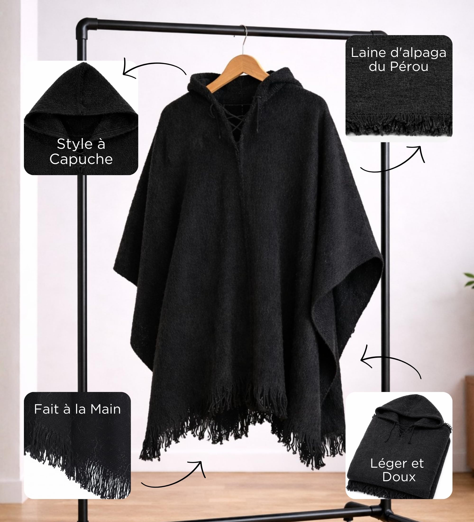 Gamboa Alpaga Poncho Homme à Capuche Mexicain Cape Manteau Lain Automne Hiver