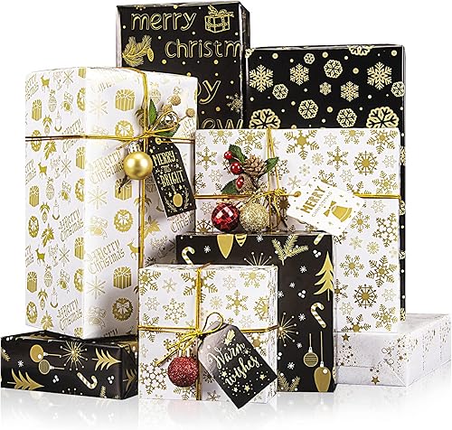 Vista 8 de Rancco Papel de regalo de Navidad con 6 pegatinas metálicas, 6 piezas de papel kraft brillante con patrón festivo con copo de nieve brillante, árbol