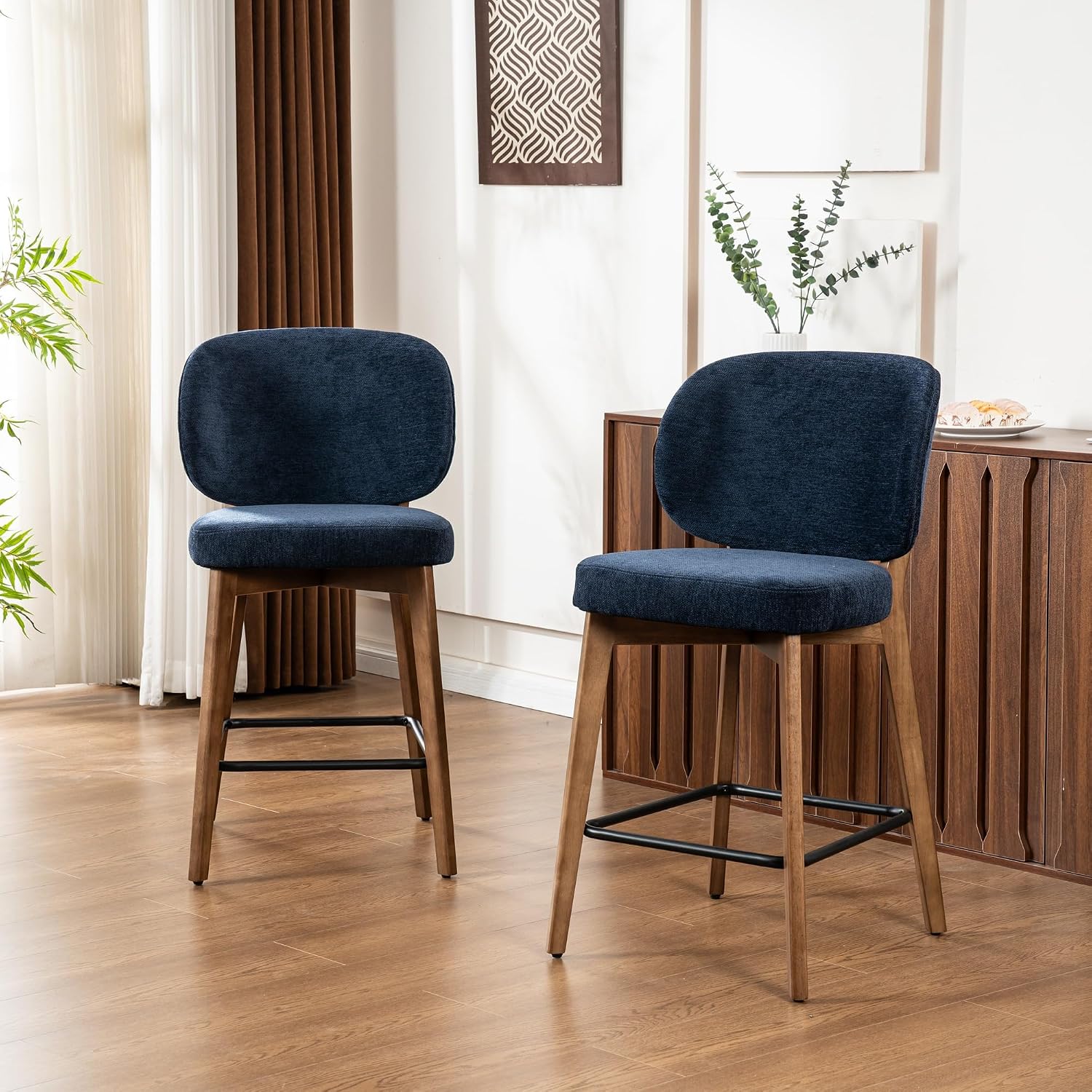 YOUNIKE Navy Blue 26.8" Height Bar Stools Set of 2 Mid Century Modern Counter Stool Solid Wood Legs Fabric Upholstered Kitchen Island Bar Chair 20" Wide Barstools with High Back
