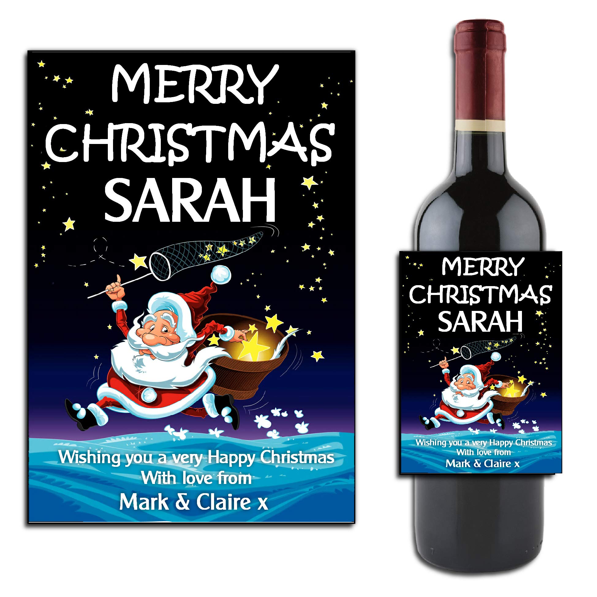 Personalised Merry Christmas Santa Wine Champagne Bottle Label ~ Xmas Stocking Filler Gift Idea for him her N47