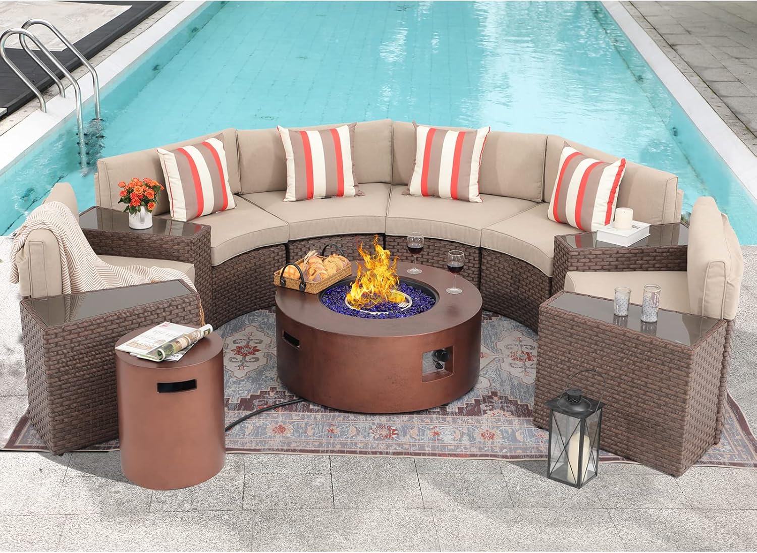 SUNSITT Outdoor 36" Propane Fire Pit with Tank Table 50,000 BTU Round Patio Propane Firepit Table with Tank Holder, Pit Cover, Metal Lid & Fire Glass, Bronze