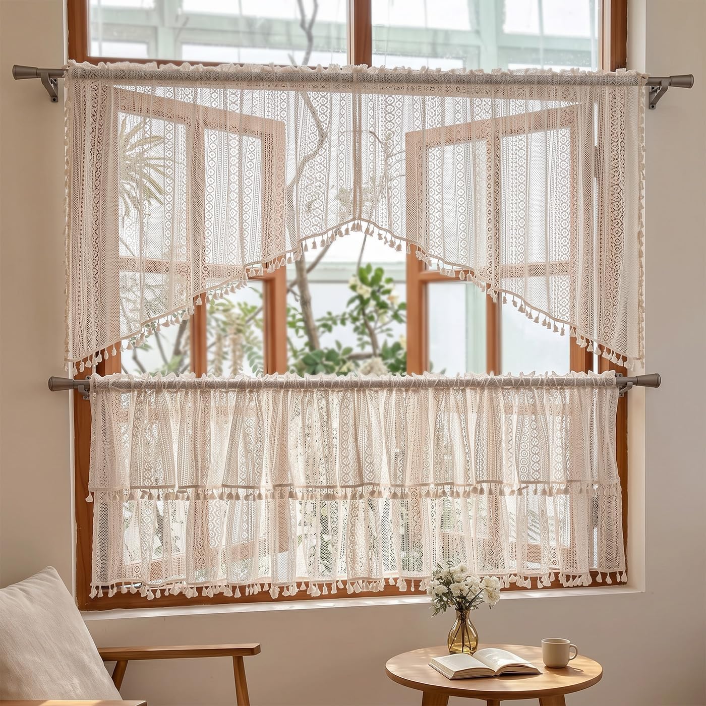 Boho Valance Lace Crochet Beige Small Curtain with Tassels 60"W x 18"L, 1Pc