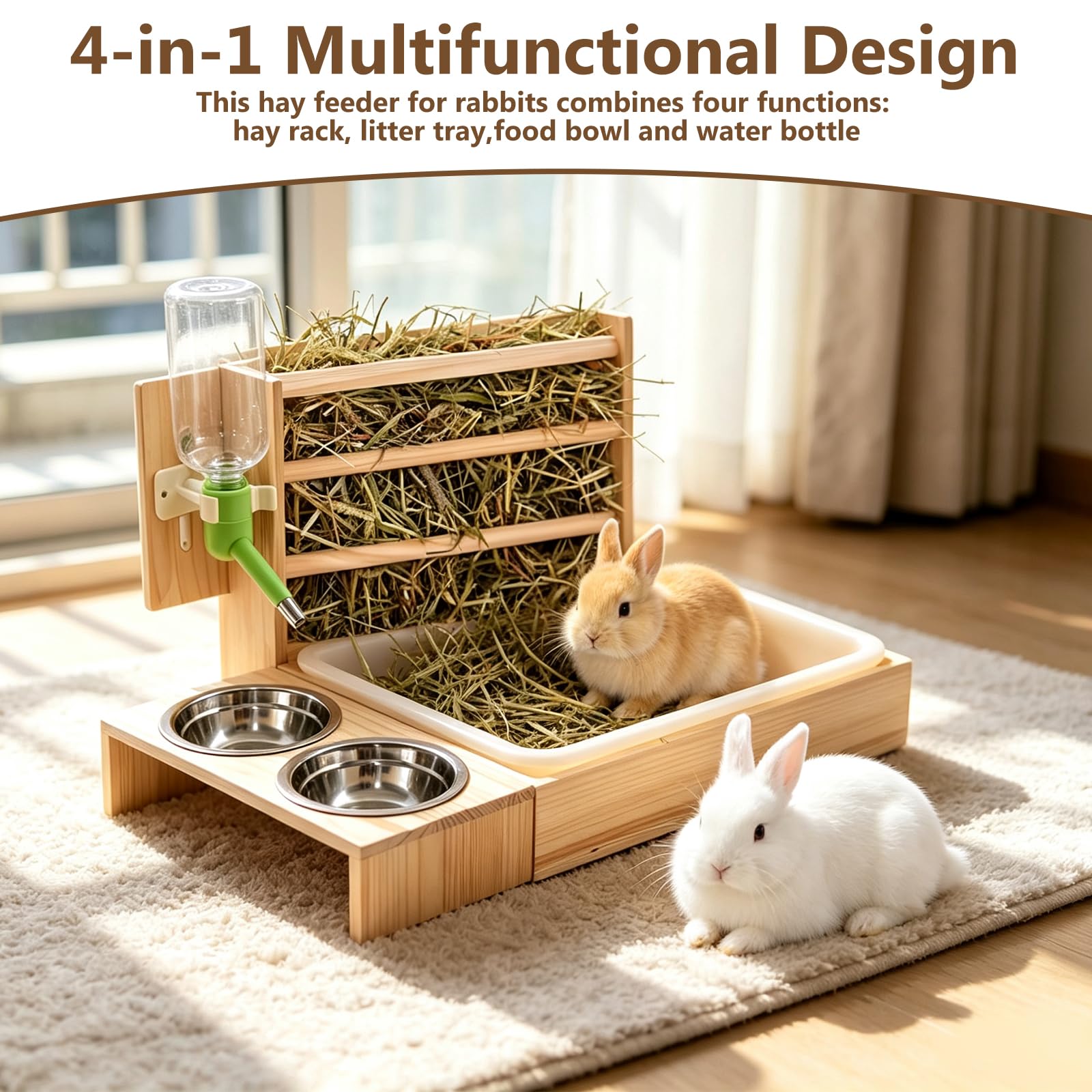 Kaninchen Heu Feeder mit 2 Näpfen, 4 in 1 Heuraufe Kaninchen | mit Hasentoilette, Holz Futterspender mit Trinkflasche für Kaninchen, Meerschweinchen, Hamster, Chinchilla, Hasen Zubehör