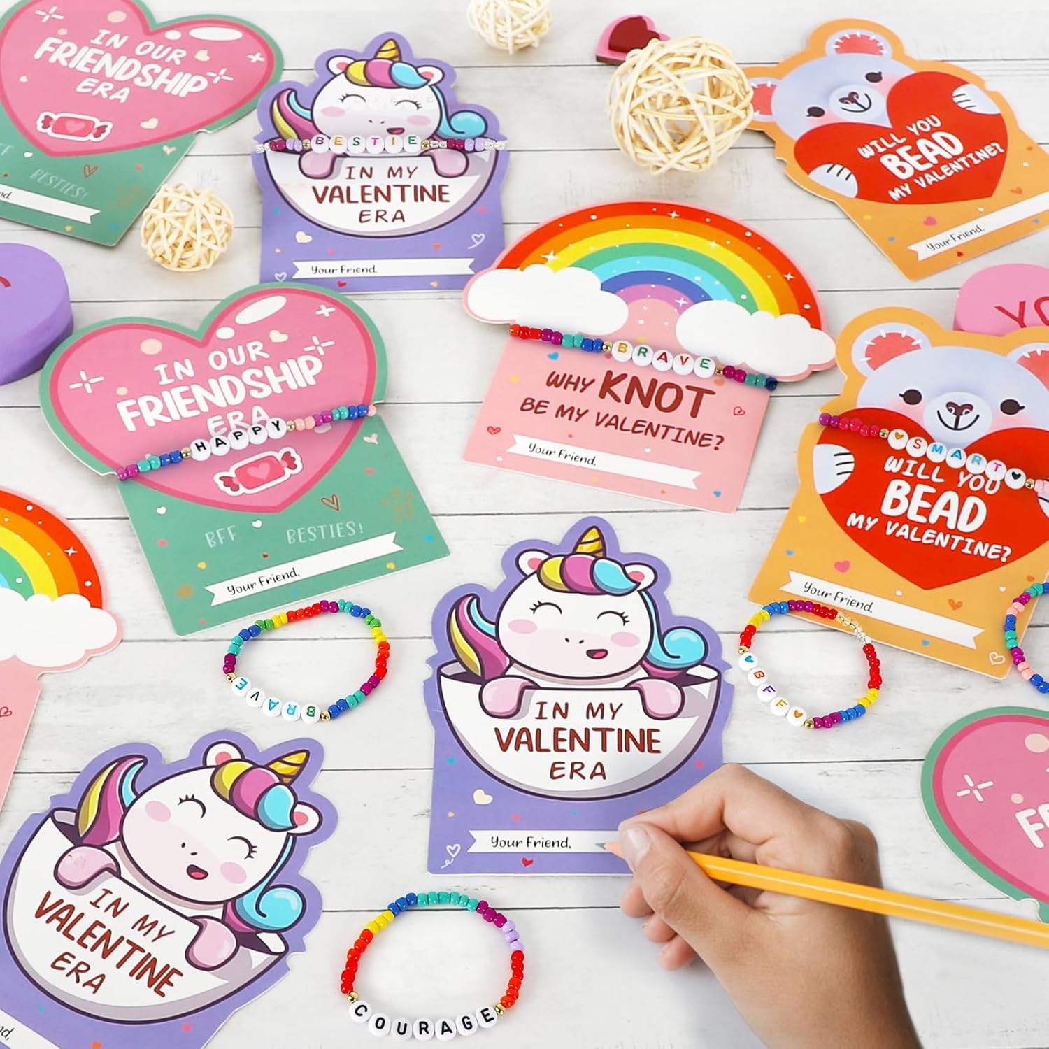 DAZONGE Valentines Day Gifts for Kids, 24 Packs Friendship Valentine’ s Day Cards with Colorful Bead Bracelets, Classroom Exchange Gift, Valentine Party Favors for Kids School - Image 3