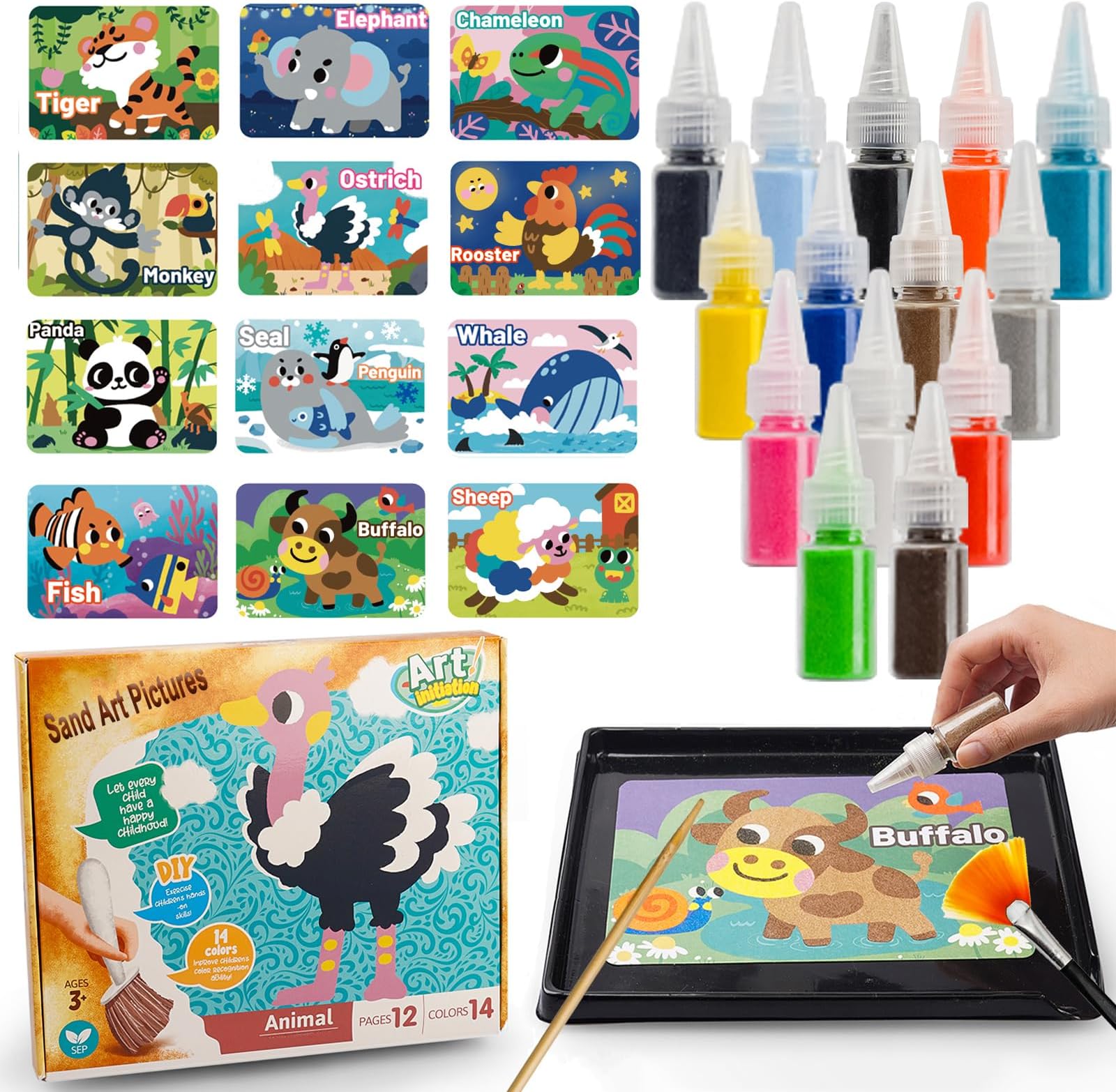 SIEOLL Animal Sand Art Kits for Kids,Crafts for Boys Girls Ages 4-8,DIY Learning Toys,Birthday Party Ideal Gifts
