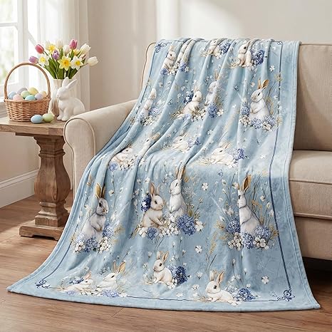 Horaldaily Easter Flannel Throw Blanket Bunny, Eggs & Floral Cozy