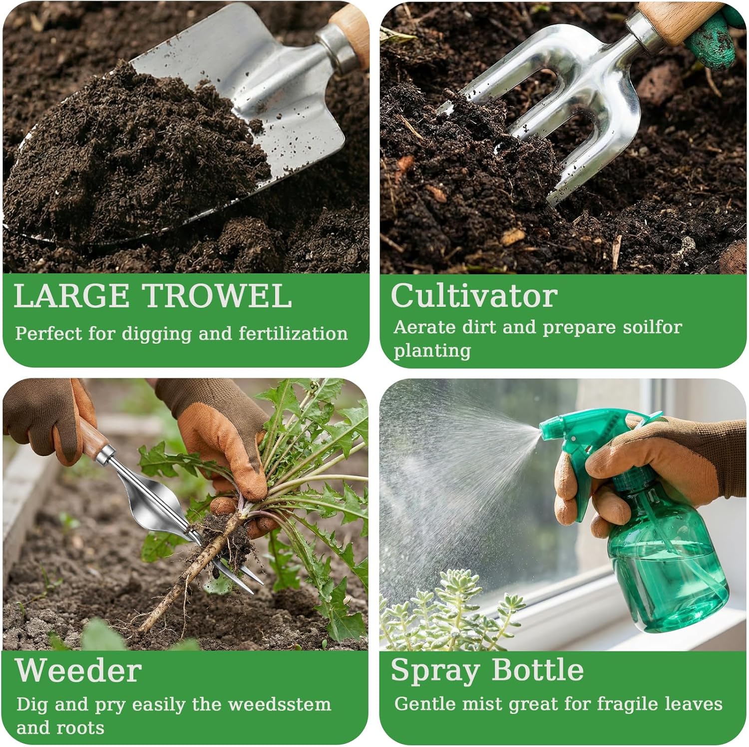 Heavy Duty 10-Piece Garden Tool Set, Rust-Proof Stainless Steel Gardening Hand Tools, Ergonomic Non-Slip Grips, Ideal Gardening Gifts for Women & Men – Gardening Essentials (Green)