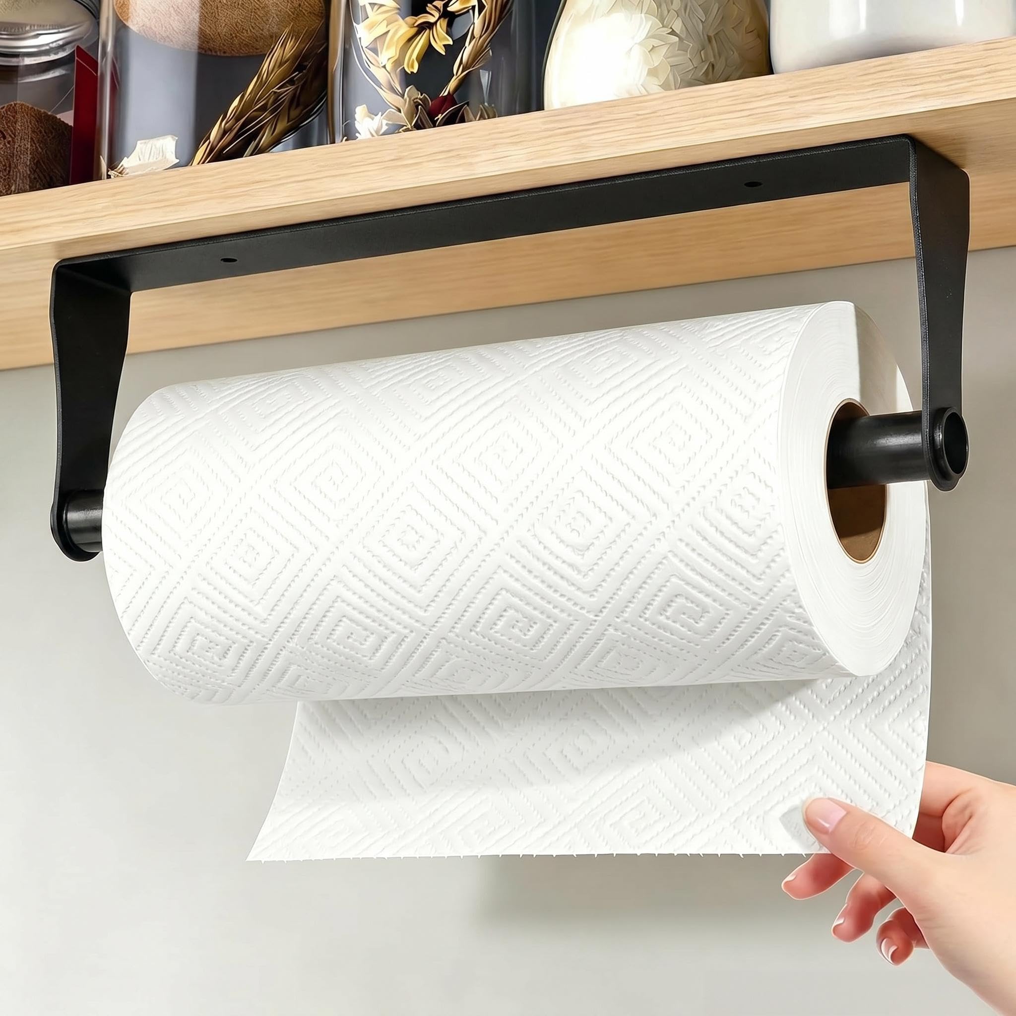 GOWODOOO Kitchen Roll Holder Under Cabinet,Wall Mounted or Under Cupboard Paper Towel Holder,Black Stainless steel no‑drill adhesive or screw Installation,Perfect for Apartments,kitchenette,Bathroom
