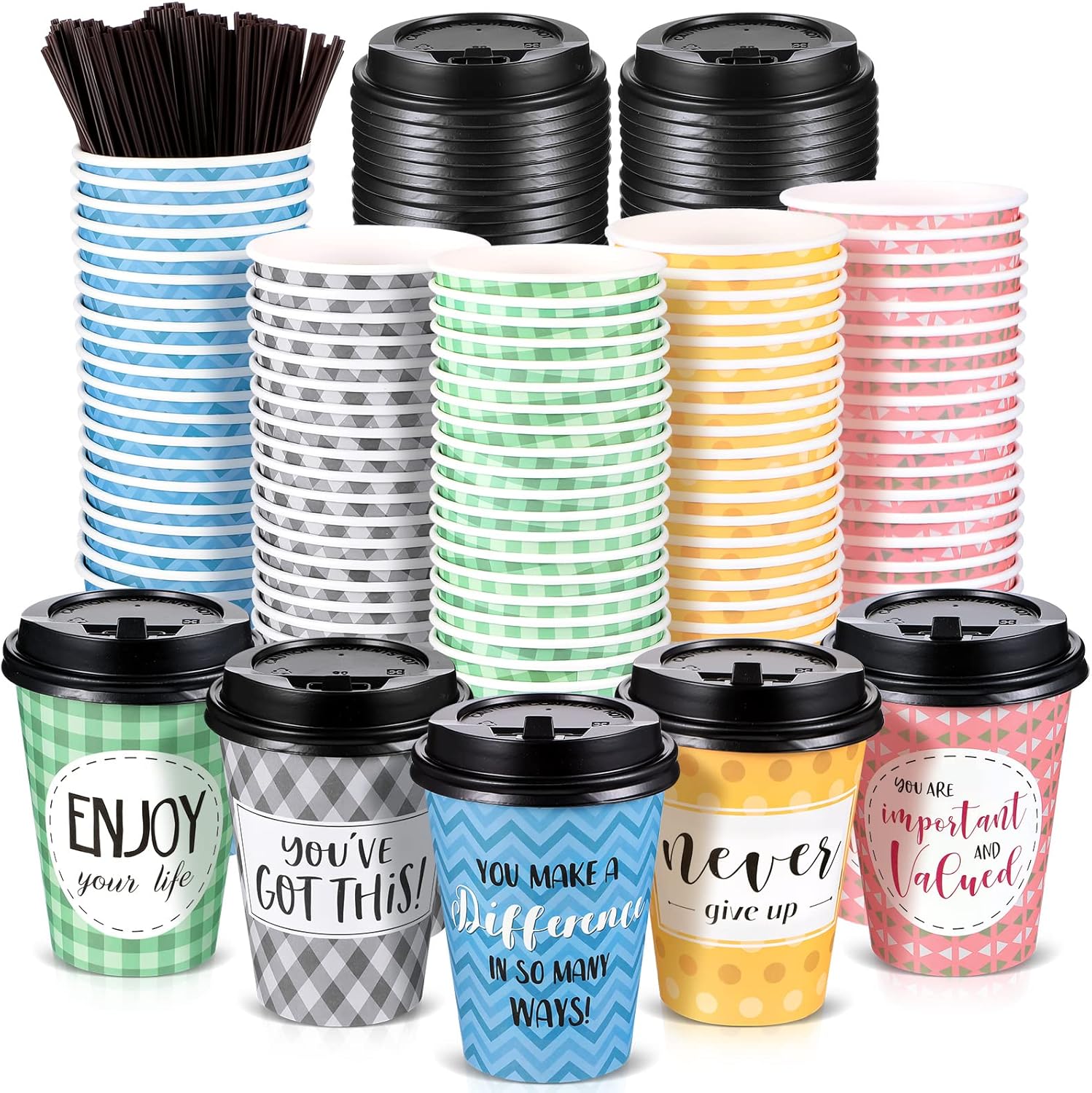 Gerrii 100 Pack Disposable Coffee Cups with Lids and Straws, Motivational Paper Hot Cups with 6 Quotes and Designs for Water, Juice, Coffee, Tea, Home, Shop Cafe (16 Oz,Fresh Style)