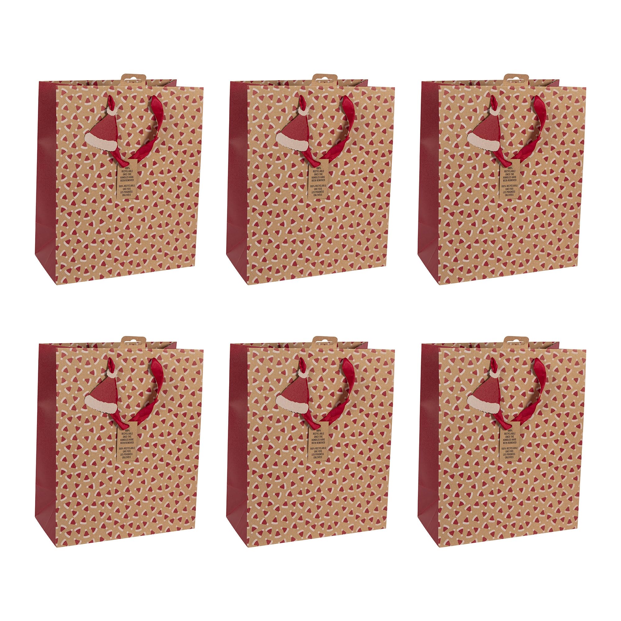Clairefontaine X-30897-2Cpack - A Lot of 6 Kraft Gift Bags- Large size - 26,5x14x33 cm - 210g - Gingerbread, White on Kraft - Ideal for Games, Puzzles, Gifts