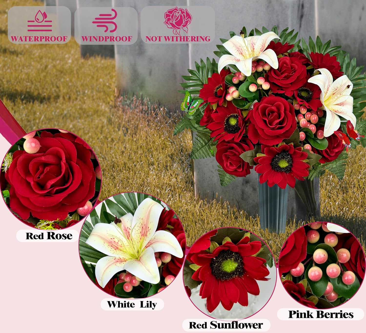 MUVIC Artificial Cemetery Flower Bouquets and Headstone Flower Saddle for Grave,Three-Piece Set:Rose,Sunflower Rose Hibiscus Daisy Berry, Easy Fit and Colorfast