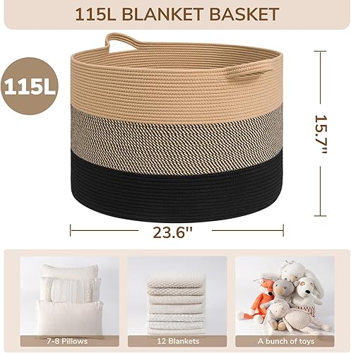 Vista 31 de INDRESSME - Canasta extragrande para ropa sucia de cuerda de algodón, cesta tejida decorativa con asas para guardería y sala, contenedor para Gris