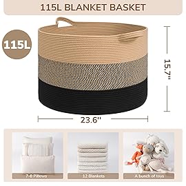 INDRESSME 115L Extra Large Blanket Basket for Apartment Dcor, Woven Baby Laundry Hamper Shoe Basekts for Entryway, Wicker Storage Basket for Organizing, Camel Mix & Black