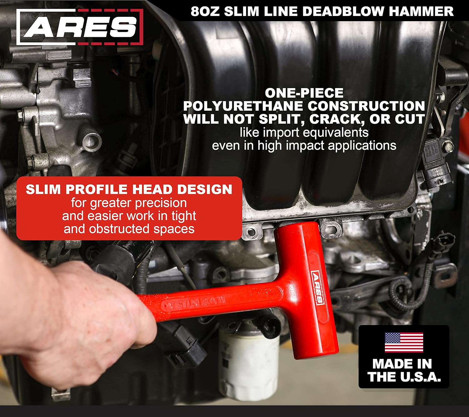 ARES 23049 – 8oz Slim Line Deadblow Hammer – Heavy Head Delivers Powerful Striking Force – Slim Profile Head Design for Greater Impact Accuracy - Made in USA