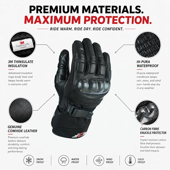 JAUNTY Winter Motorcycle Gloves for Men and Women Warm Thinsulate Waterproof Touchscreen Leather Riding Gloves with Carbon Fiber Knuckle ATV BMX Motocross Gloves for Riding